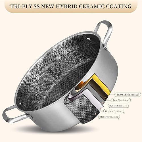 Miniatura 2 de Inqibee - Sartén híbrida de 5 QT de acero inoxidable con revestimiento cerámico de tres capas sin adherencia con tapa, olla de cocina de inducción,
