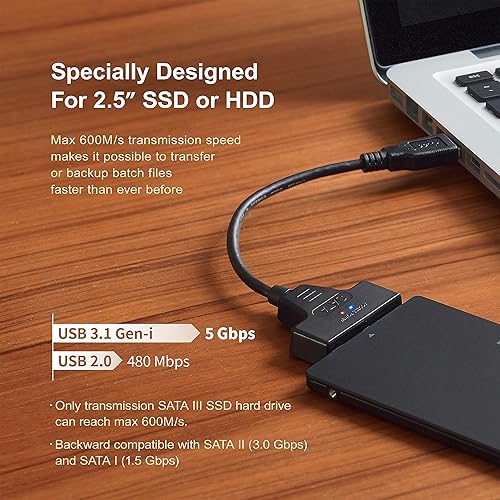 Miniatura 6 de Mediasonic Cable SATA a USB – USB 3.0 / USB 3.1 Gen 1 a 2.5 pulgadas SATA SSD/Cable adaptador de disco duro (optimizado para SSD, compatible con