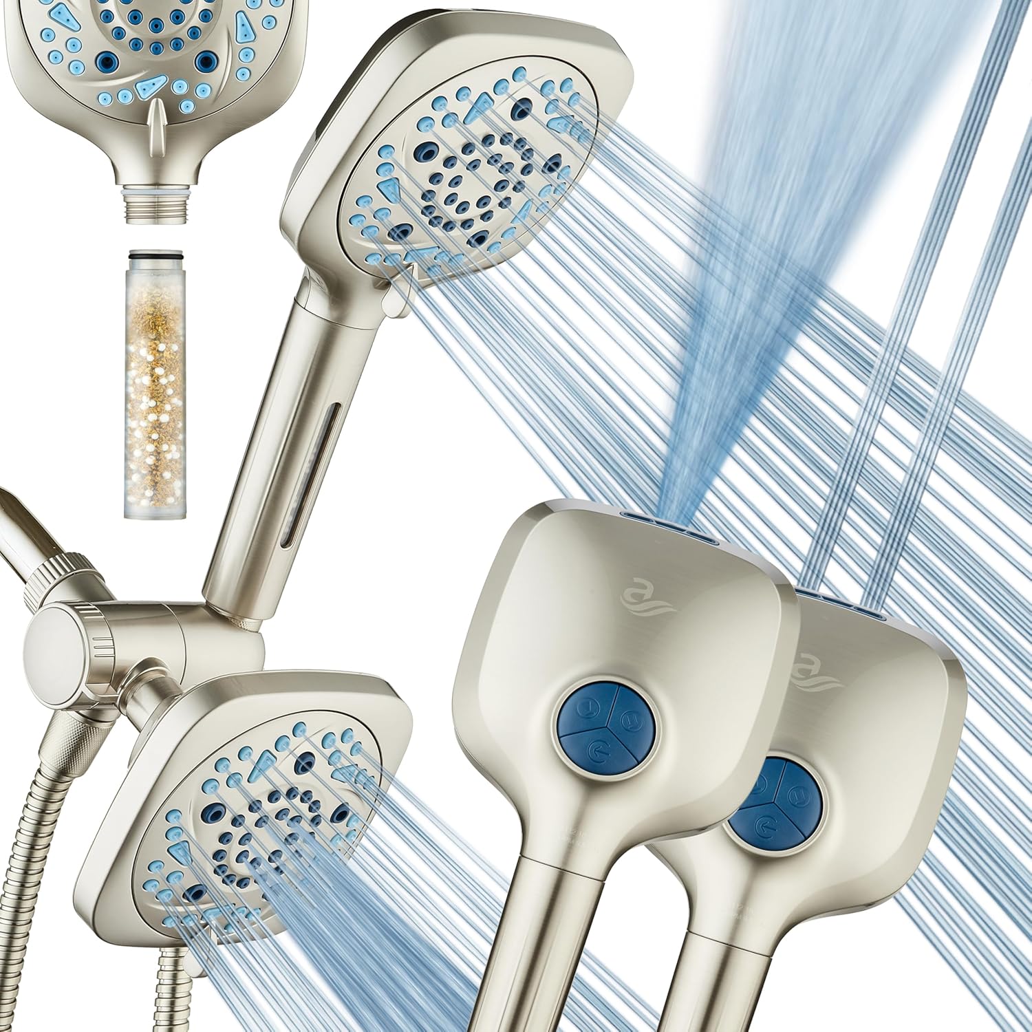 6-way High Pressure 82 Spray Mode Filtered Showerhead Combo - Handheld Shower Head Filters Chlorine to Heal Dry Skin, Revive Hair - Dual Power Wash Cleans Tub, Tile, Pets - Hard Water Softener, Nickel