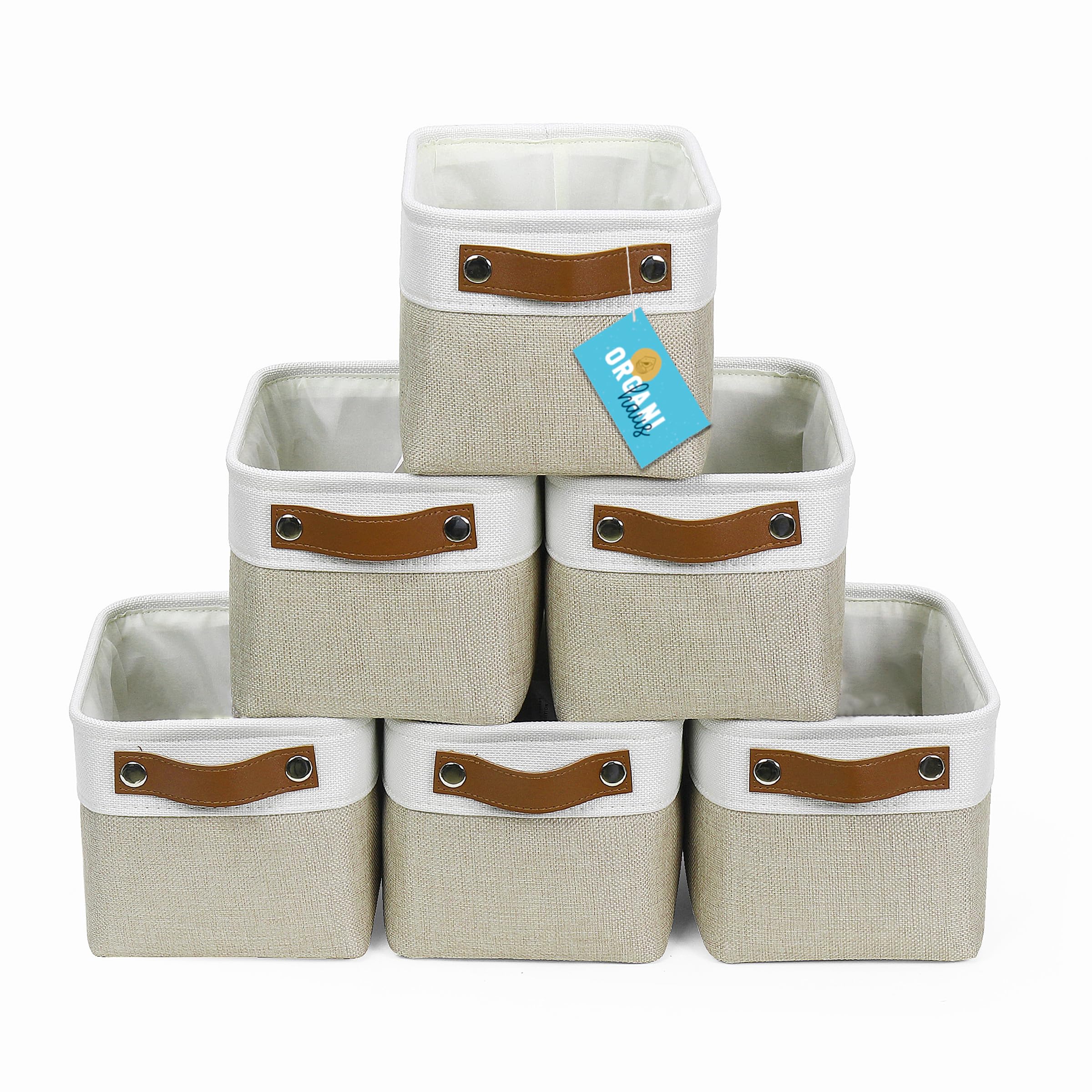 OrganiHaus Small Fabric Storage Baskets for Shelves 6 Pack | 9x7in Closet Storage Bins for Shelves | Cloth Baskets for Organizing | Linen Closet Organizers | Fabric Basket - Beige/White