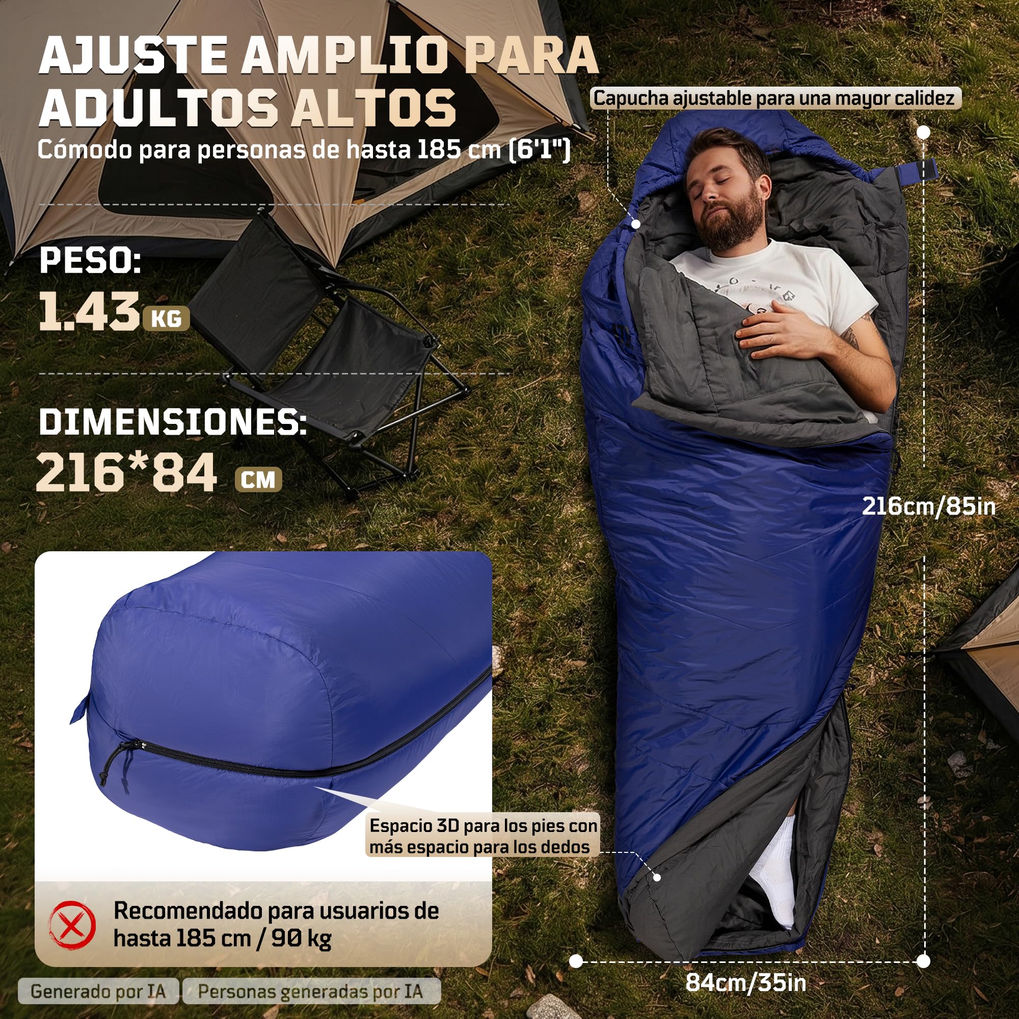 Saco de dormir para momias 2-3 temporadas (confort 6 °C), transpirable, para adultos de hasta 185 cm, compacto de nailon 40D Ripstop con saco de compresión para camping, senderismo y festivales