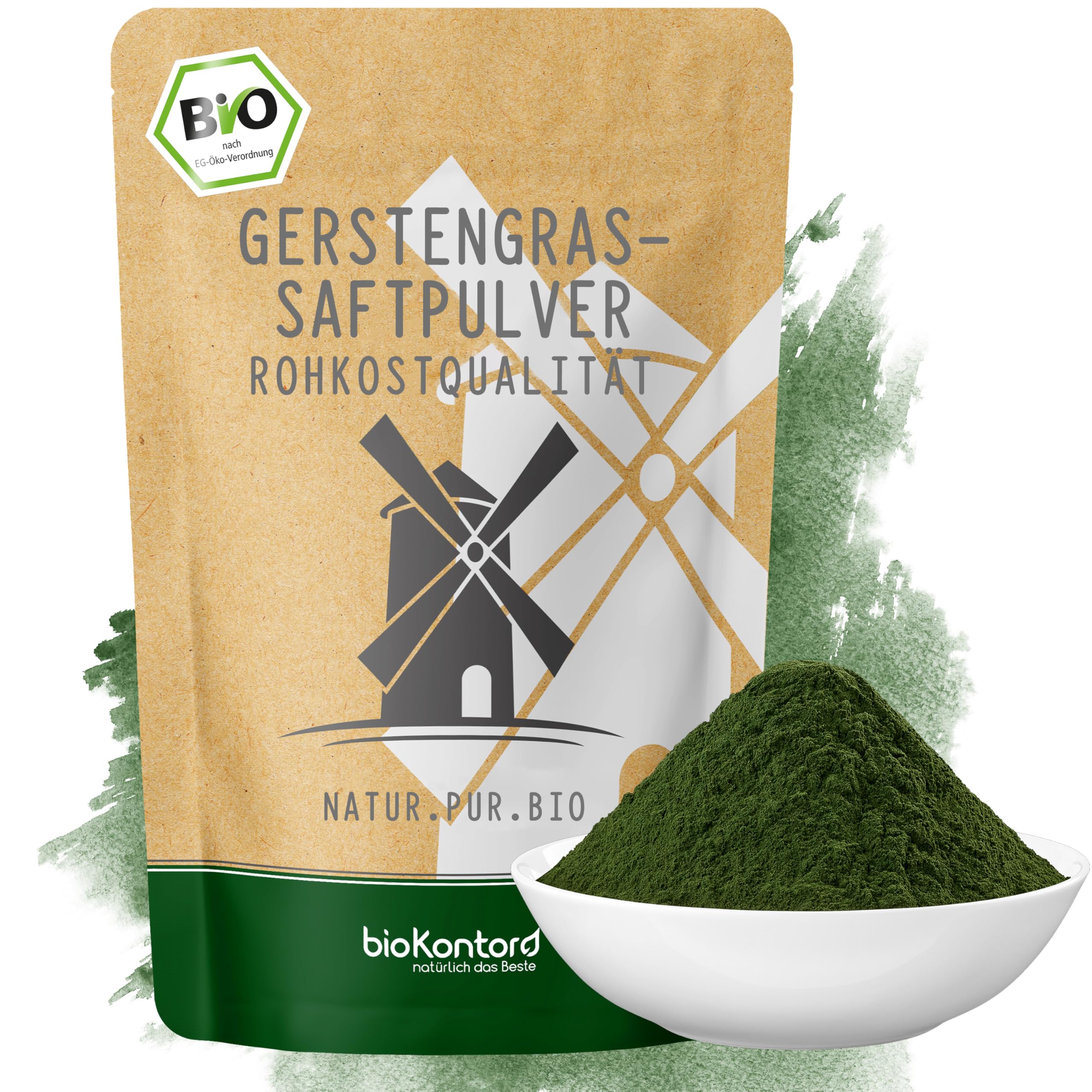 bioKontor – Bio Gerstengrassaftpulver 250g – Extrakt 33:1 – Gerstengras Saftpulver fein – Gerstengras Pulver Naturrein – ideal für Smoothies, grünen Saft & Getränke – Rohkostqualität aus den USA