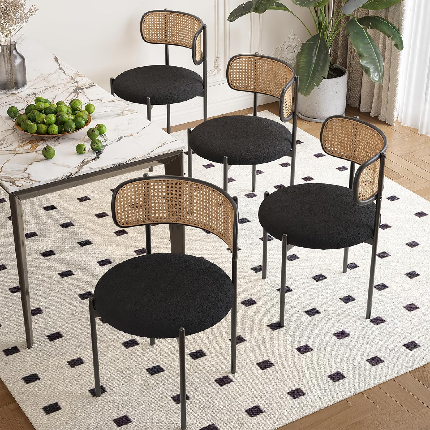 Farini Kitchen Chairs Set of 2, Mid-Century Modern Dining Chairs,Kitchen Dining Room Chairs, Rattan Backrest Round Upholstered Sherpa Dining Chairs,Black