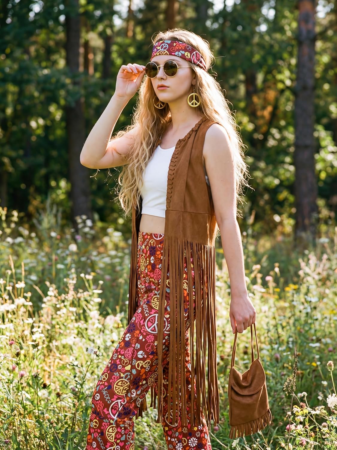 SOMSOC 7 Pieces 70s Women Hippie Costume Fringe Vest Bag Pant Headband for Halloween - Image 5