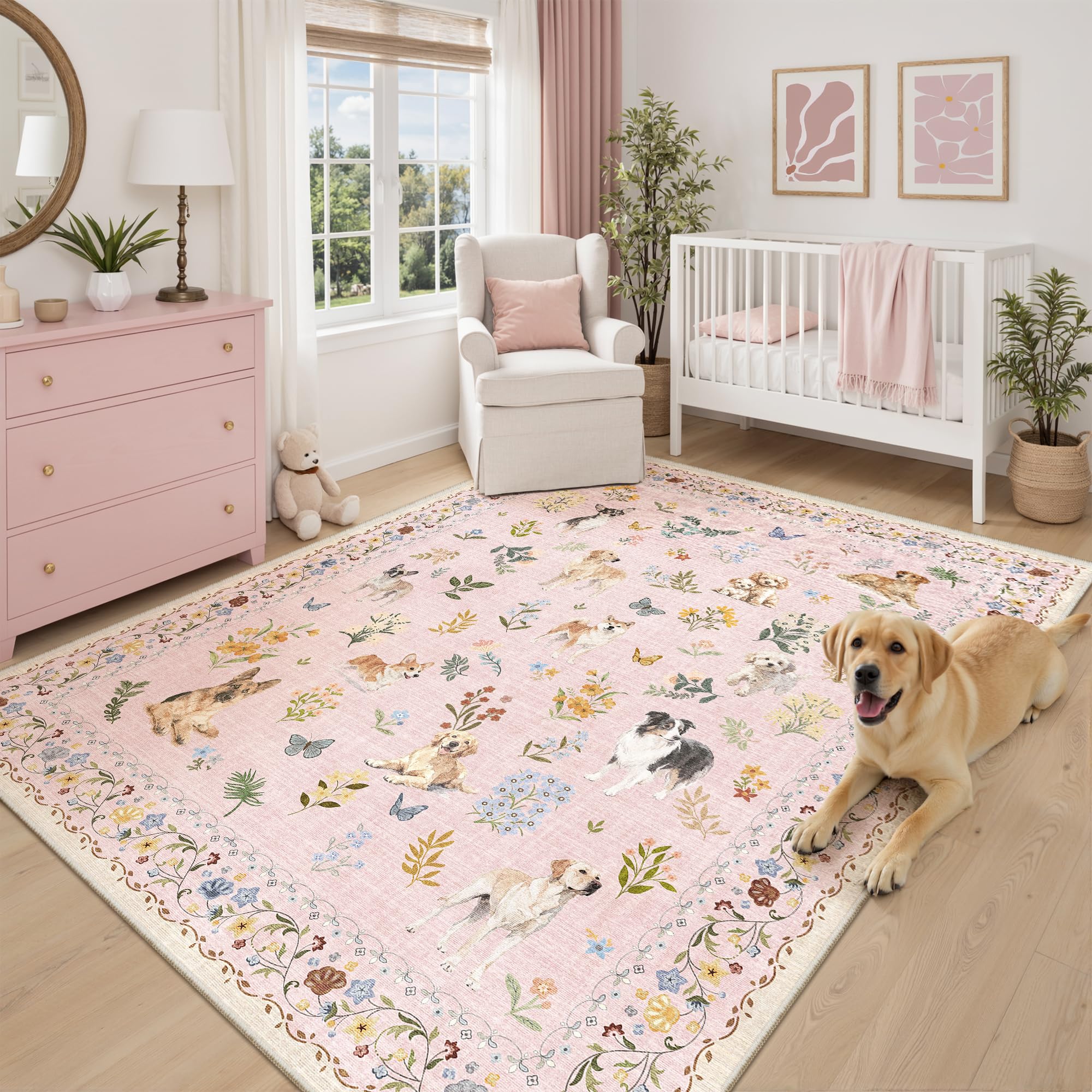 Soalmost Dog 6x9 Pink Area Rugs for Baby Girl Nursery, Washable Soft Rug — image 1