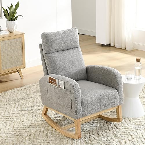 Miniatura 12 de Dolonm Mecedora tapizada de mediados de siglo para sala de estar, mecedora tapizada de mediados de siglo, con respaldo alto, color beige Beige-