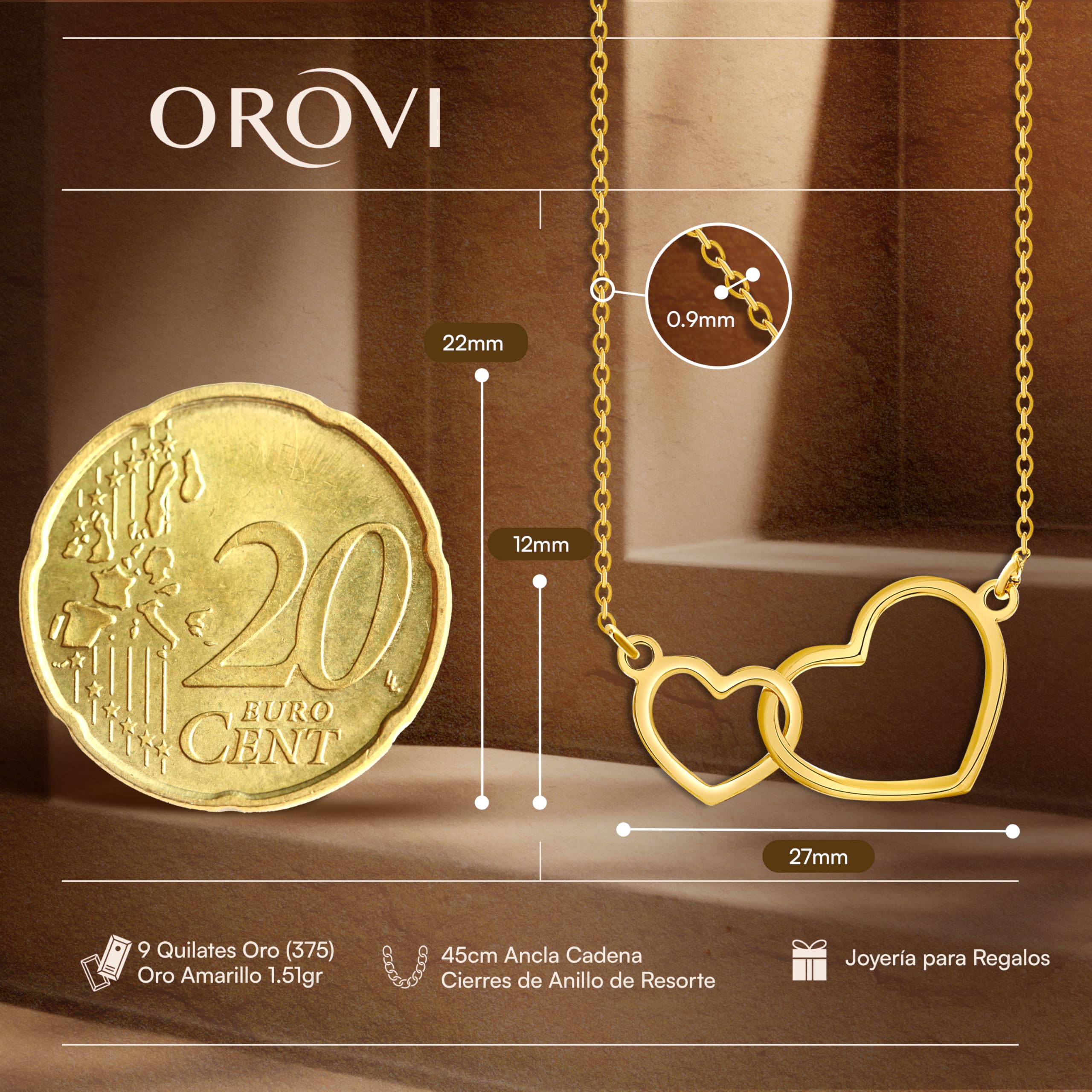 Orovi Collar Señora Corazón con cadena en Oro Amarillo Oro 9 Kt / 375 Cadena 45 Cm Collar Producido en Italia