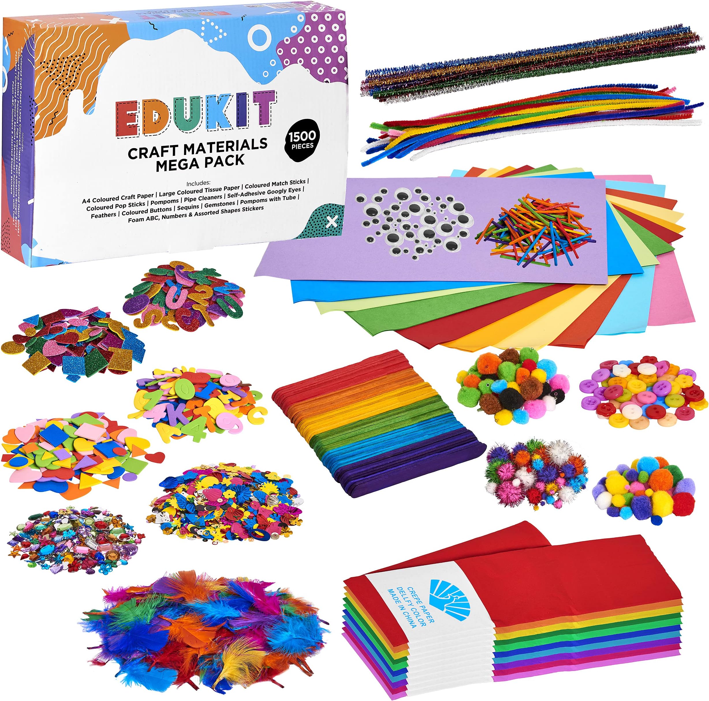 edukit Arts and Craft for Kids 1500 Pieces, Including Pipe Cleaners, Pom Poms, Sticky Gems, Googly Eyes, Foam Sheets, Feathers, Tissue and Craft Paper, Matchsticks in Various Sizes and Colours