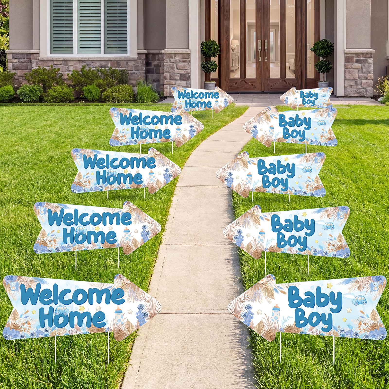 View 1 of 10 Pack Welcome Home Baby Boy Yard Signs with Stakes, Double Sided Boho Baby Shower Lawn Signs for Newborn Welcome Home Gender Reveal Yard Garden Outdoor Decor