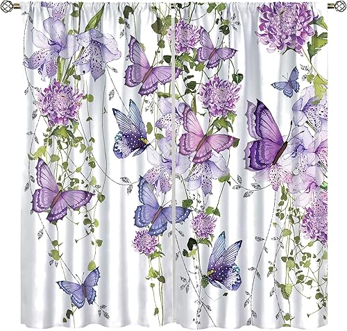 Miniatura 1 de Cortinas florales de mariposa, púrpura Dream Who Acuarela botánica vides para dormitorio de niñas, cortinas florales lavanda lila rosa 42 x 45
