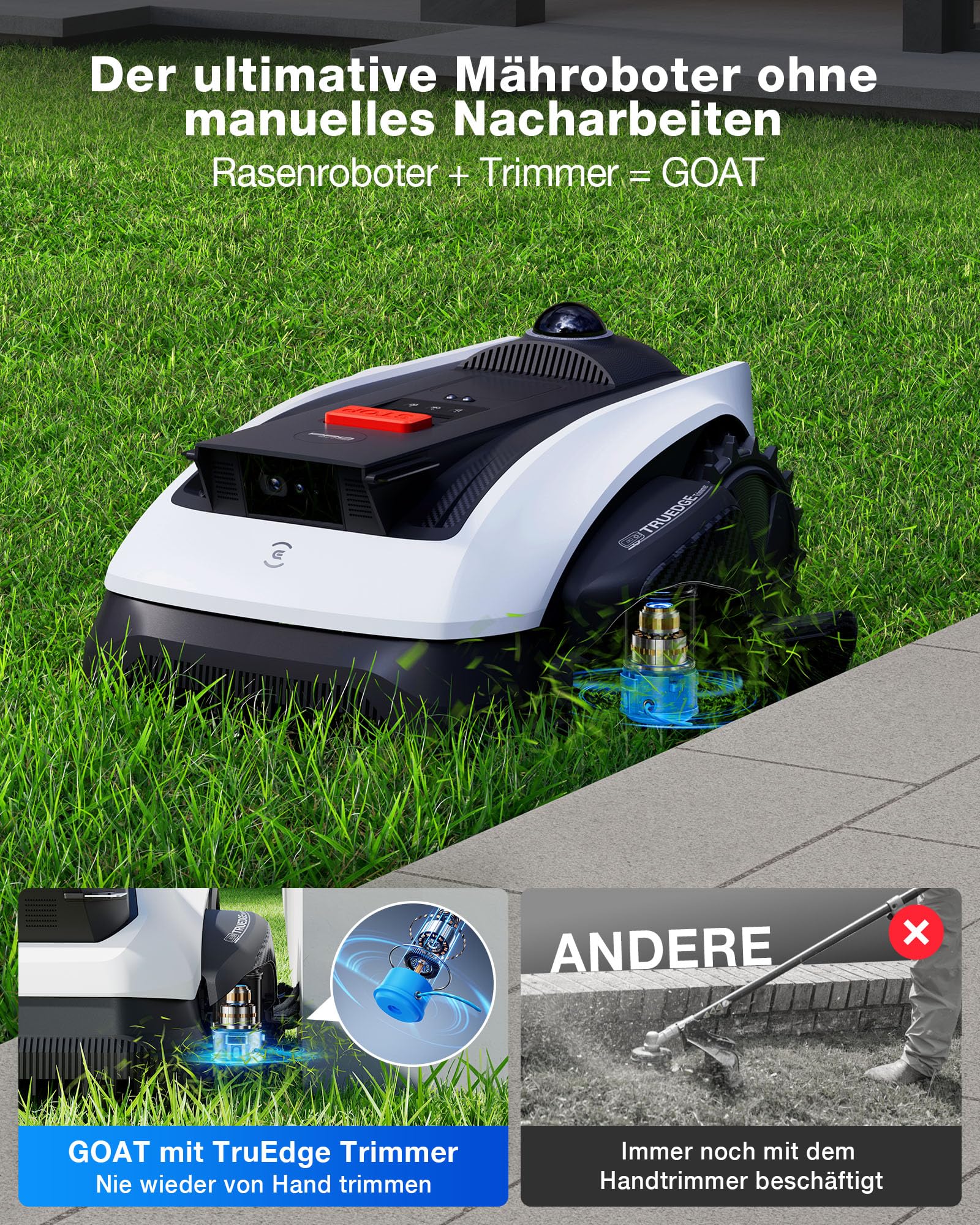 ECOVACS Goat O1200 Mähroboter ohne Begrenzungskabel, 1200 m², 360° Dual-LiDAR-Navigation, Automatische Kartierung, KI-3D-Hindernisvermeidung, Präzises Kantentrimmen (O1200 LiDAR PRO Care Kit)