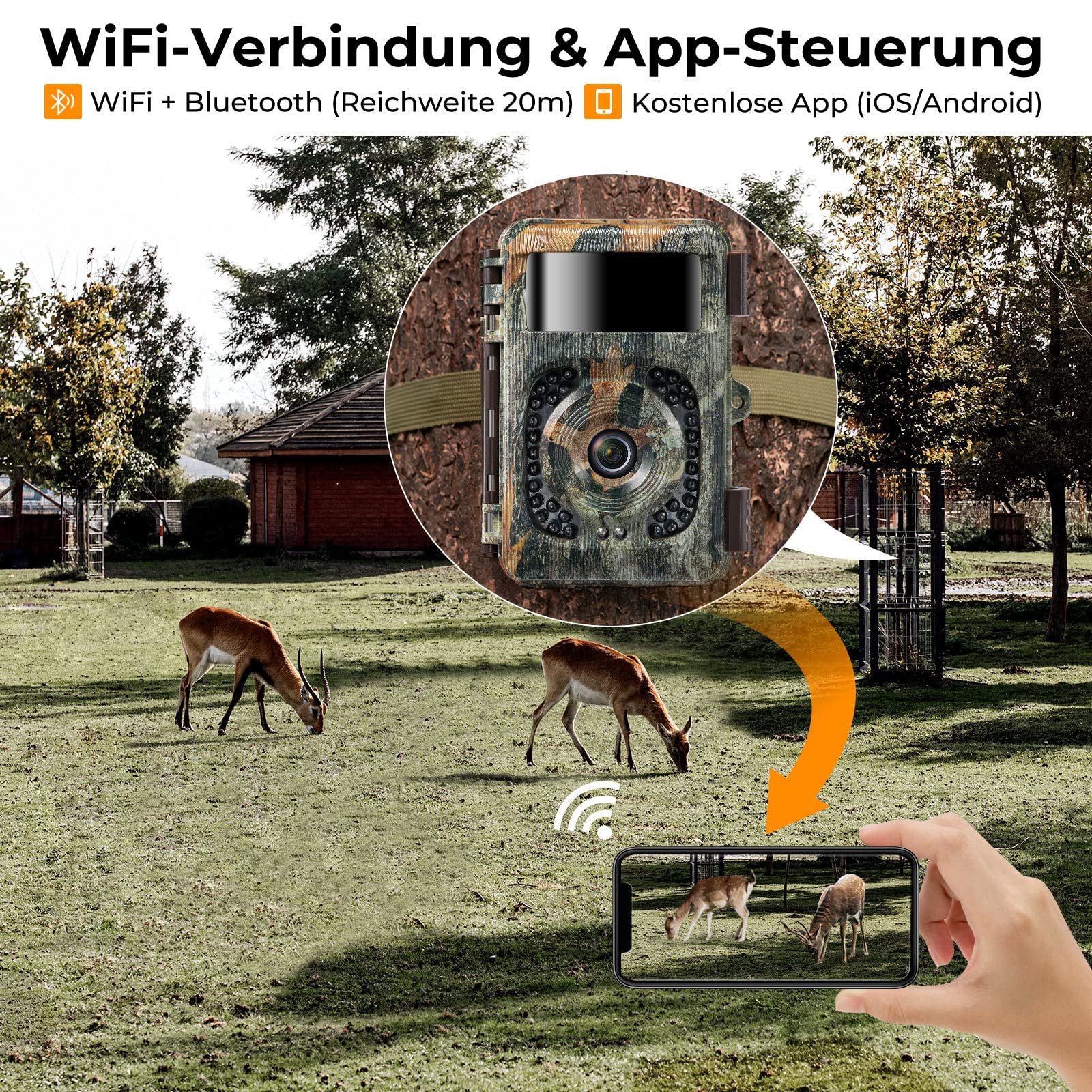 K&F CONCEPT 48MP 4K WLAN Wildkamera handyübertragung, WiFi Wildkamera mit bewegungsmelder nachtsicht 0,2s No Glow LEDs IP66 120°Erfassungswinkel Jagdkamera mit 64G Speicherkarte und 8 Batterien