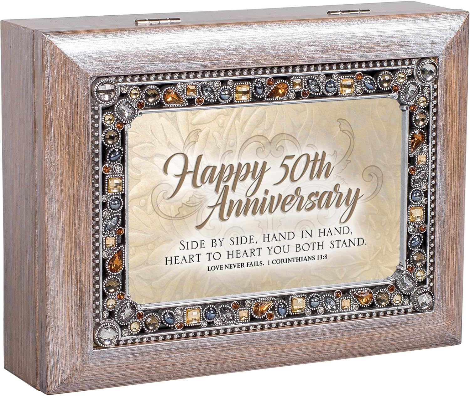 Cottage Garden Happy 50th Anniversary Brushed Pewter Jewelry Music Box Plays Amazing Grace
