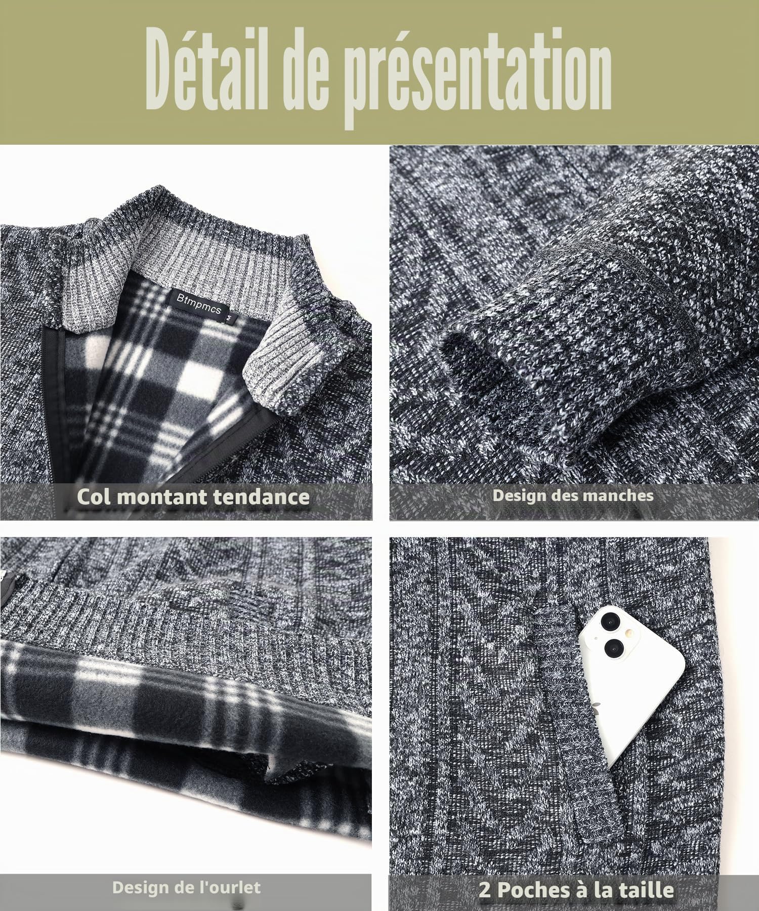 Homme Cardigan Veste en Maille Casual Ouvrez-Front Zippé Gilet Automne Hiver Sweatshirt Chaud Col Droit Manche Longue d'hiver Doublé en Polaire avec 2 Poches