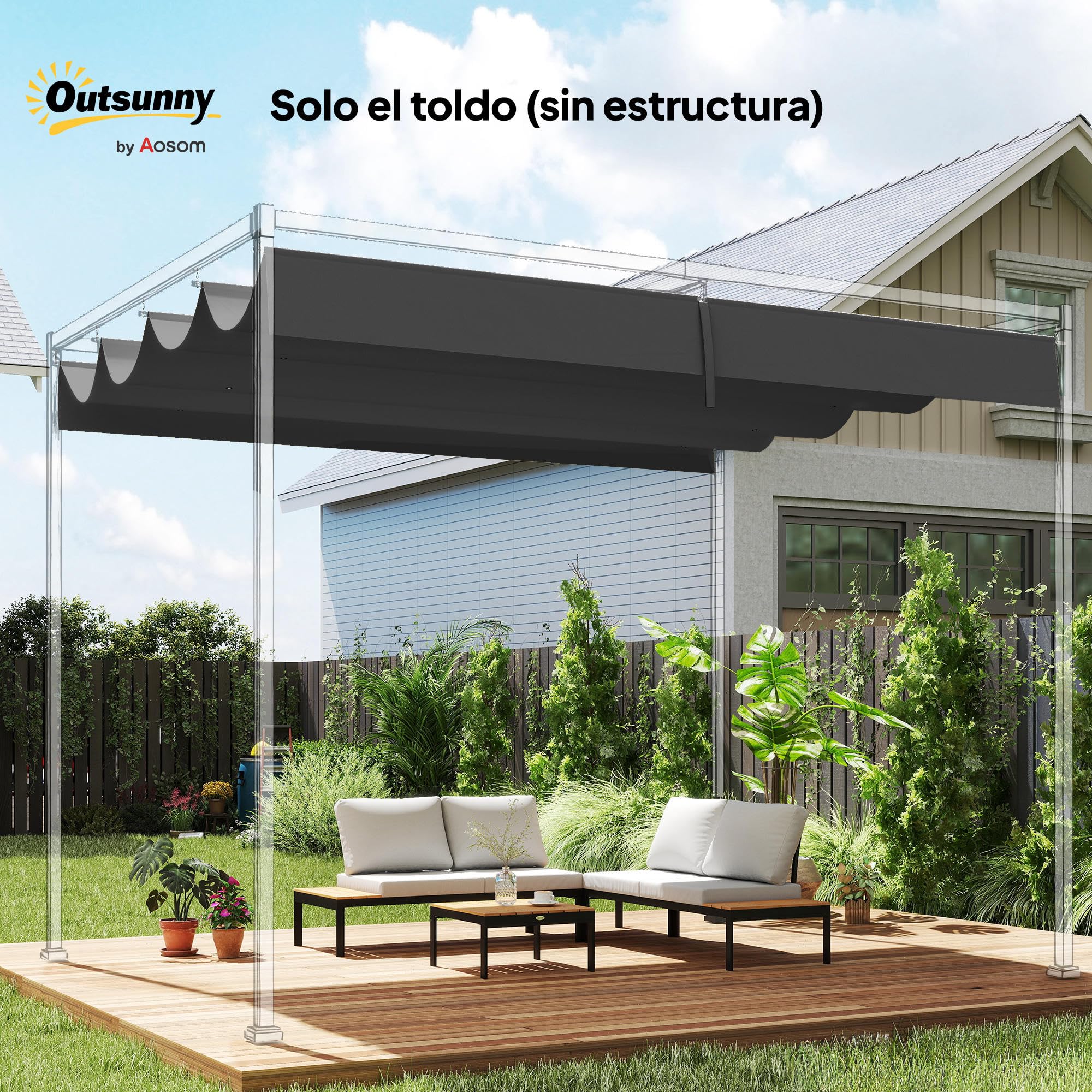 Outsunny Techo de Pérgola 4 x 3,5 m, Techo de Repuesto Retráctil para Marco de Pérgola de 4x3 m, UV30+, Toldo de Tela Solo para Cenador Jardín con 8 Orificios de Drenaje, Gris Oscuro - 2