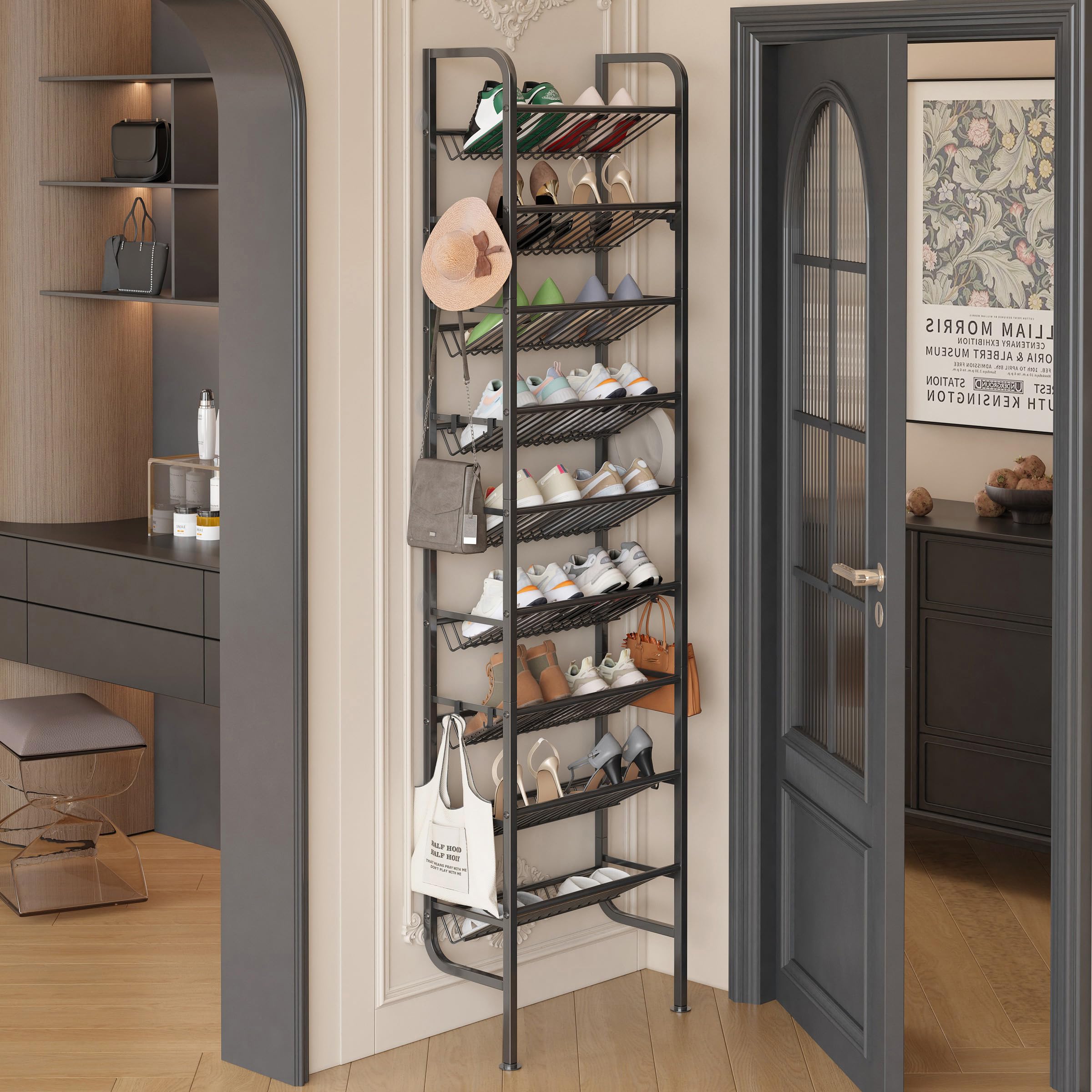 Étagère à Chaussures pour Porte, Noir, 45,4 x 20 x 175 cm | 9 Niveaux, Métallique, ModèLe Ouvert avec 12 Crochets - Garde-Manger, Couloir, Salon