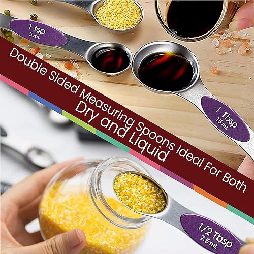 Miniatura 8 de Juego de 9 cucharas medidoras magnéticas de acero inoxidable, apilables, de doble cara, cucharas medidoras para medir ingredientes secos y líquidos,