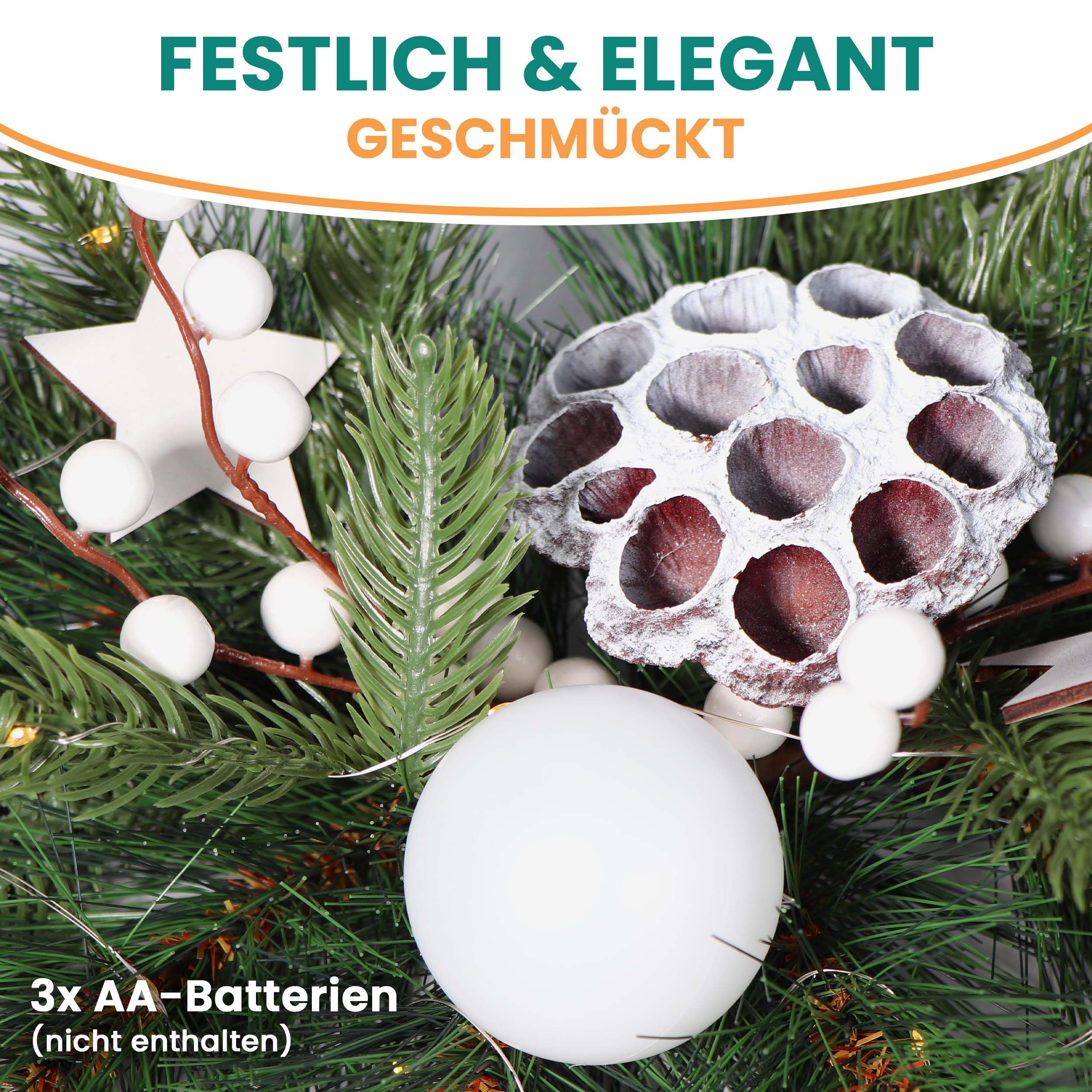 Gartenpirat Adventsgesteck 26x42cm mit 20 LED warmweiß und weißen Dekorationen Weihnachtsdeko für Tisch Fenster Festliche Weihnachtsdekoration für Advent & Winter