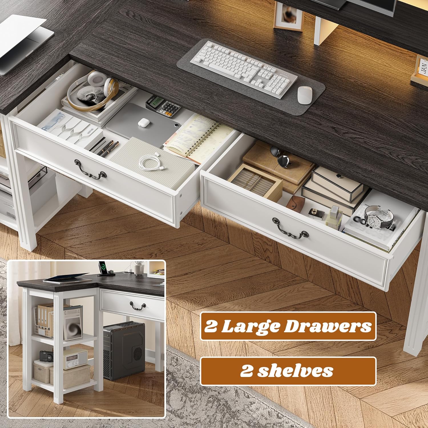 Close-up of the desk showing two large drawers and two open shelves