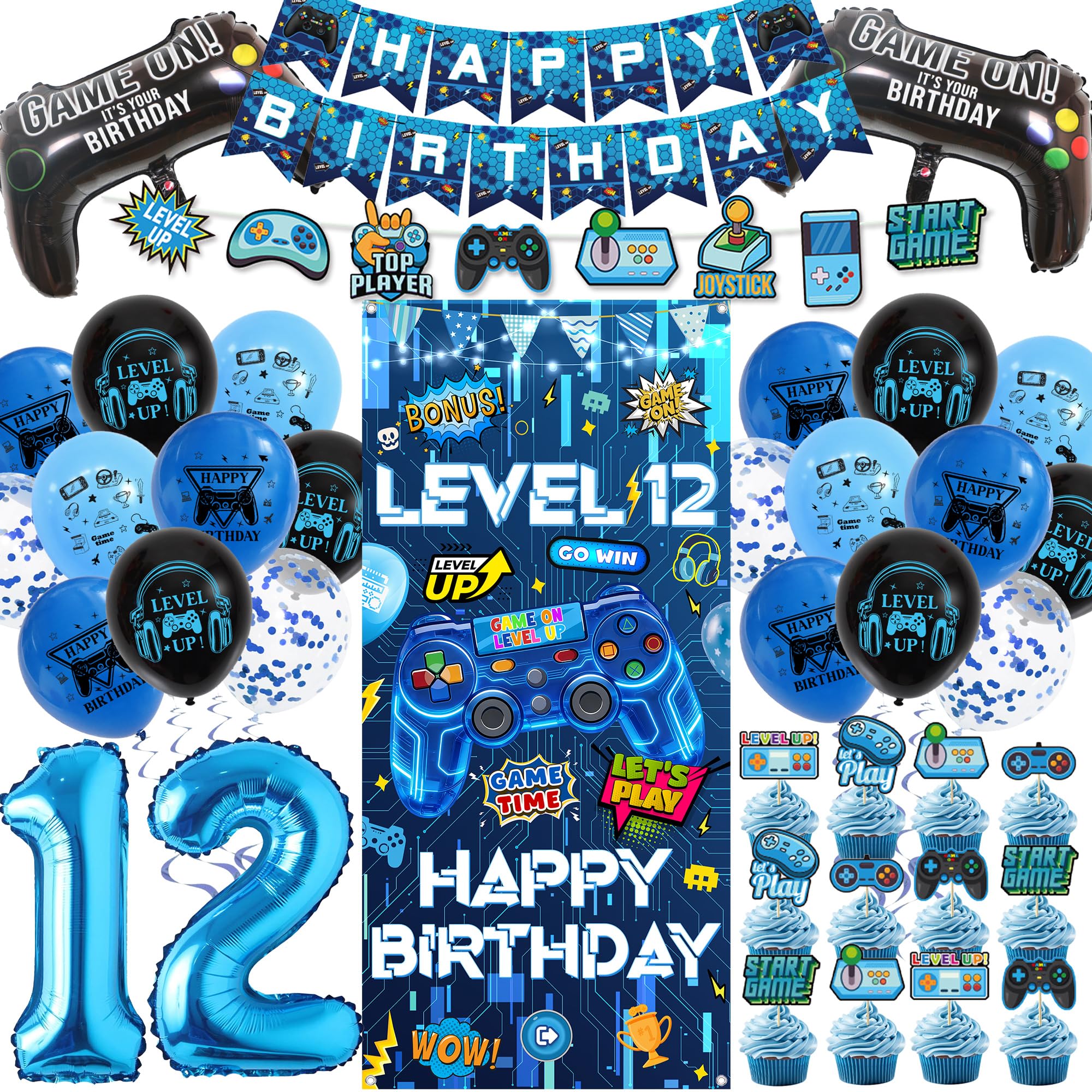 Blue Gaming 12th Birthday Decorations, Video Game Door Banners Set