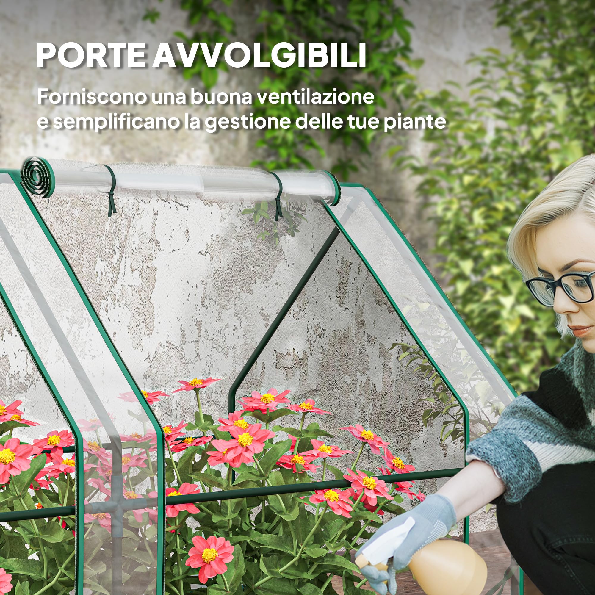 Outsunny Serra da Giardino 4 Porte Avvolgibili 360x90x90 cm Trasparente | a Cerniera, Serra per Orto, Struttura in Acciaio, Copertura PVC, per Orto Verdure Fiori Frutta