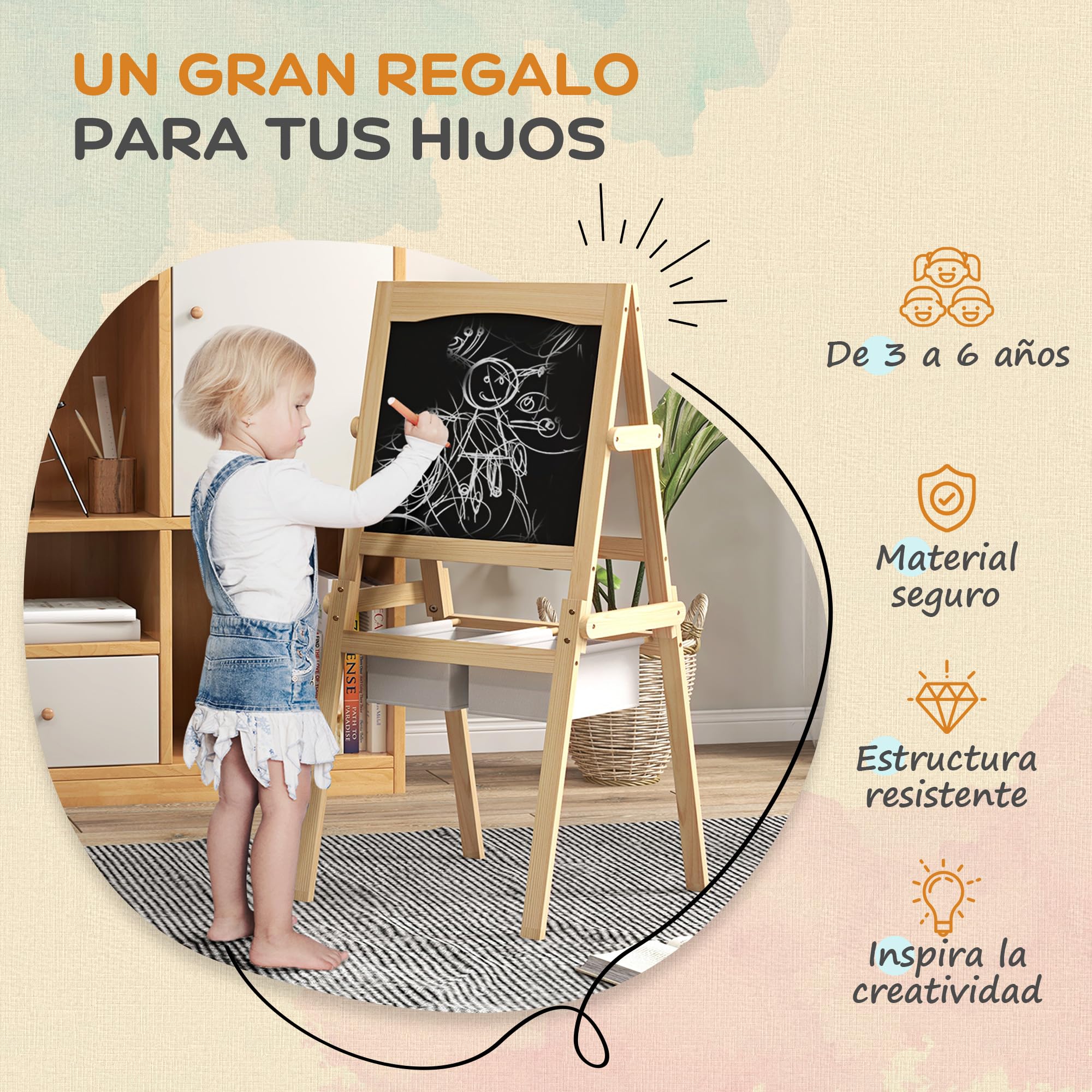 AIYAPLAY Caballete para Niños 3 en 1 de Madera Pizarra Caballete de Doble Cara y Pizarra Blanca para Dibujo con Rollo de Papel y dos Cestas 58x50,5x109 cm Natural