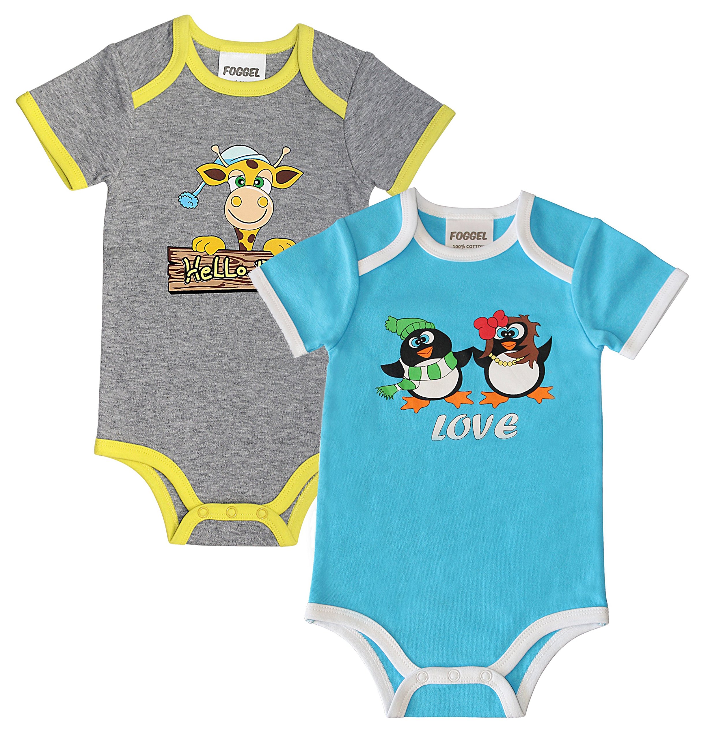 Giraffe & Penguins Unisex 2-Pack Cotton Baby Bodysuits Short Sleeve - Breathable Onesies for Boys & Girls (12-18M)