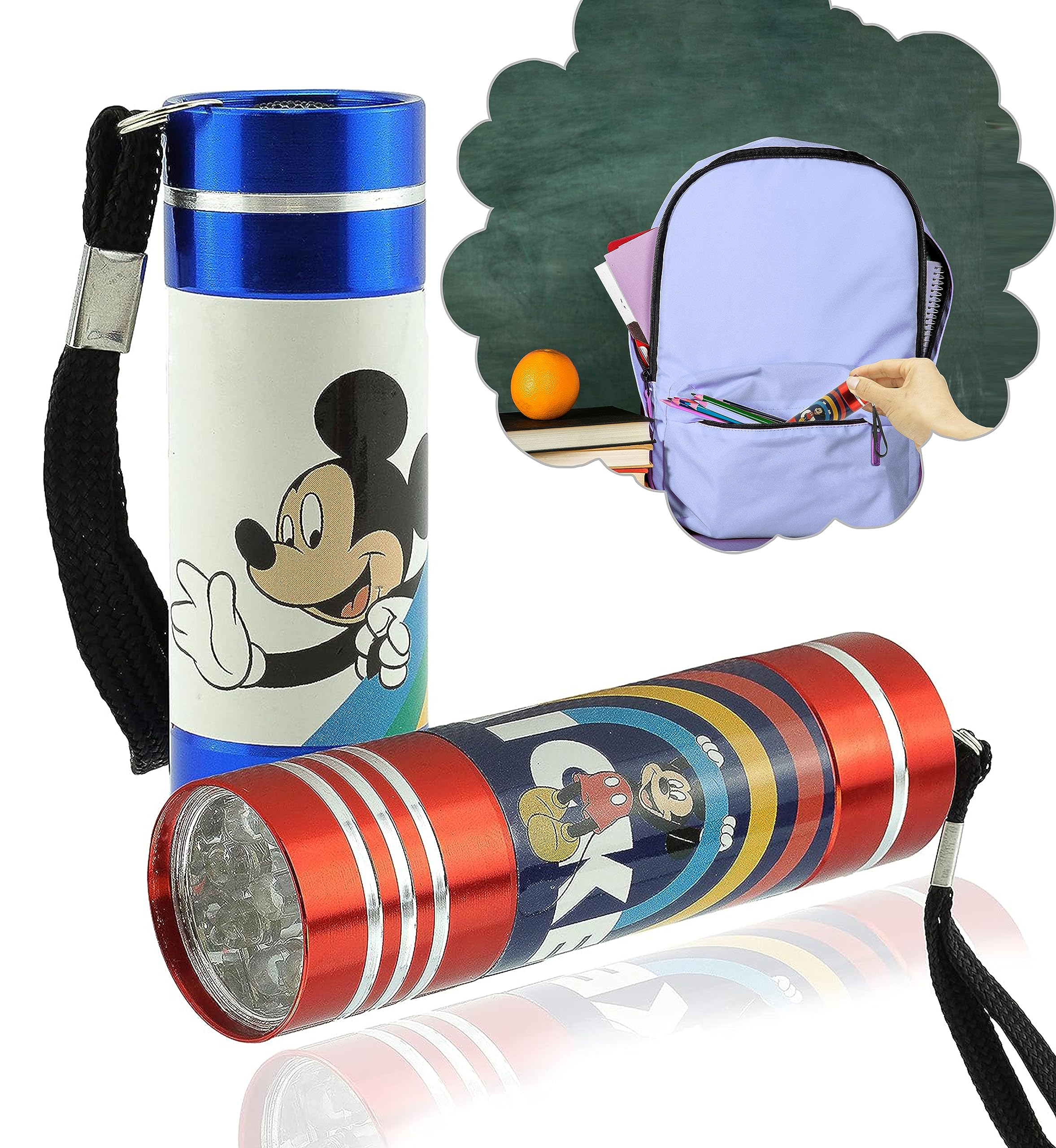 HOVUK 2Pcs Flashlight Torches| Mickey Mouse Small Torches 8.7cm| Kids LED Flashlight with Lanyards| Handy Torches for Christmas Party 3+Y (Red & Blue)