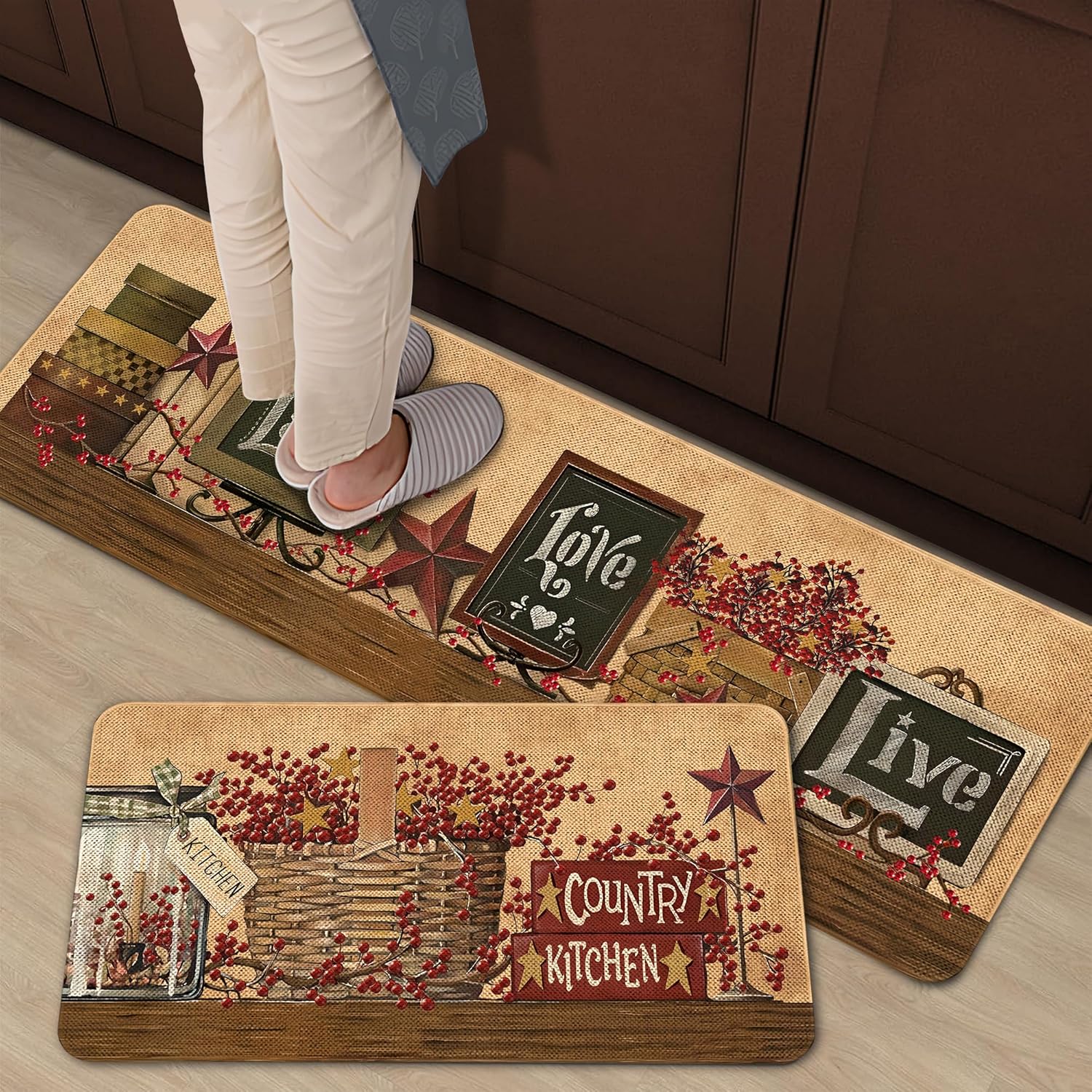 Farmhouse Western Kitchen Rugs and Mats Set of 2 Country Star Vintage Non Slip Washable Floor Mat Kitchen Decor 17x47 inch and 17x29 inch