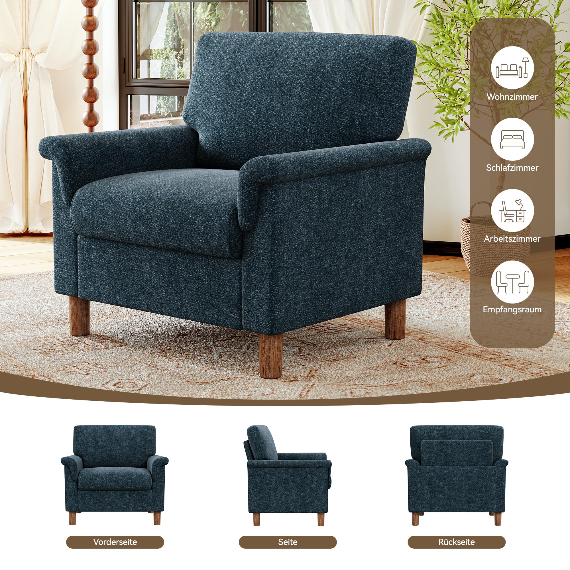 Vipbear Sessel Wohnzimmer, Modern Ohrensessel aus Chenille, Gepolsterter loungesessel, Gemütlicher Lesesessel für Schlafzimmer mit Armlehnen, Einzelsessel & Ecksessel, Einfache Montage, Blau