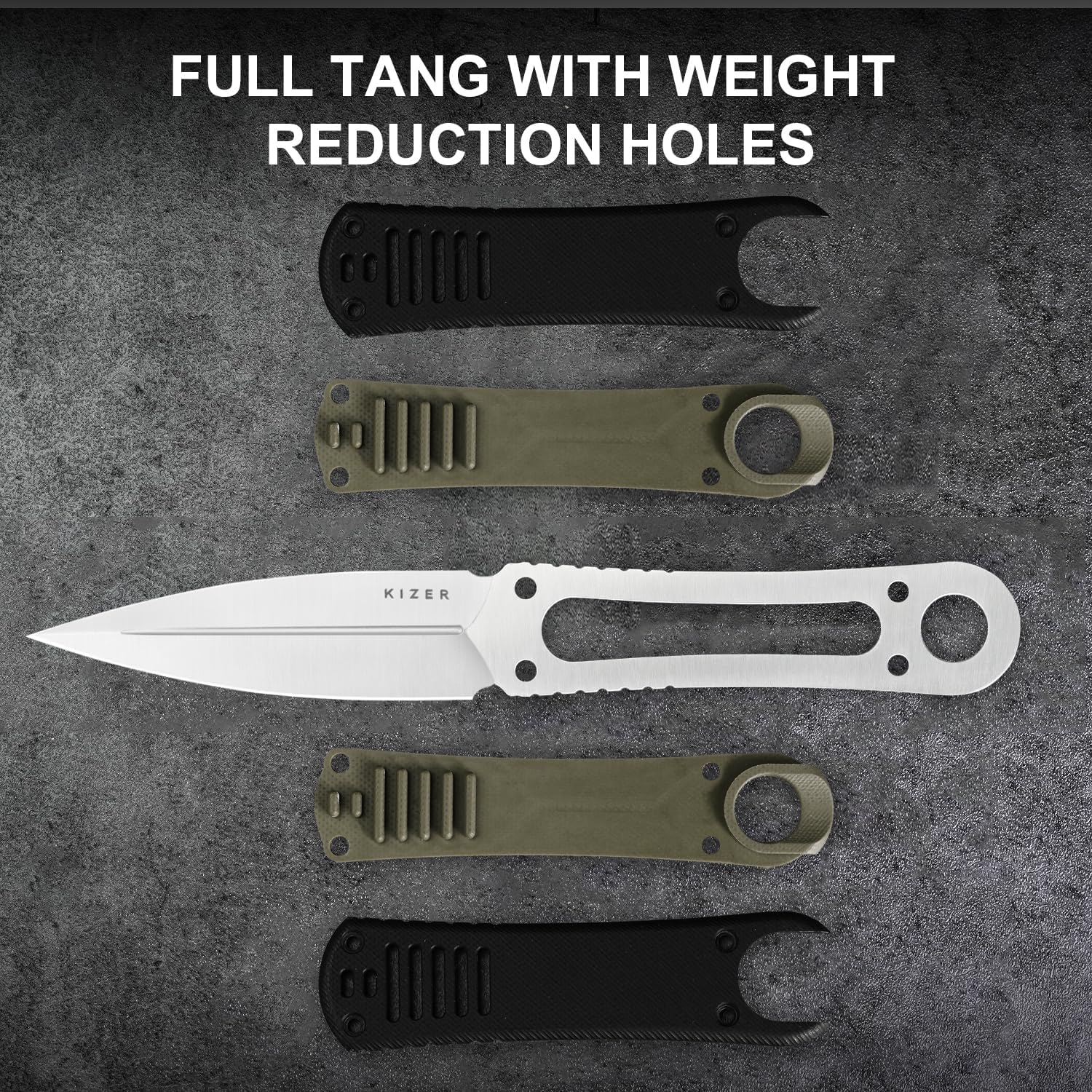 Kizer Hidden Agenda Fixed Blade Knife Dagger, 3.5" AEB-L Dual Edge Blade EDC Knife with Black & Green G10 Handle, Compact Hunting Fixed Blade Knives with Sheath for Hiking & Camping 1083A2