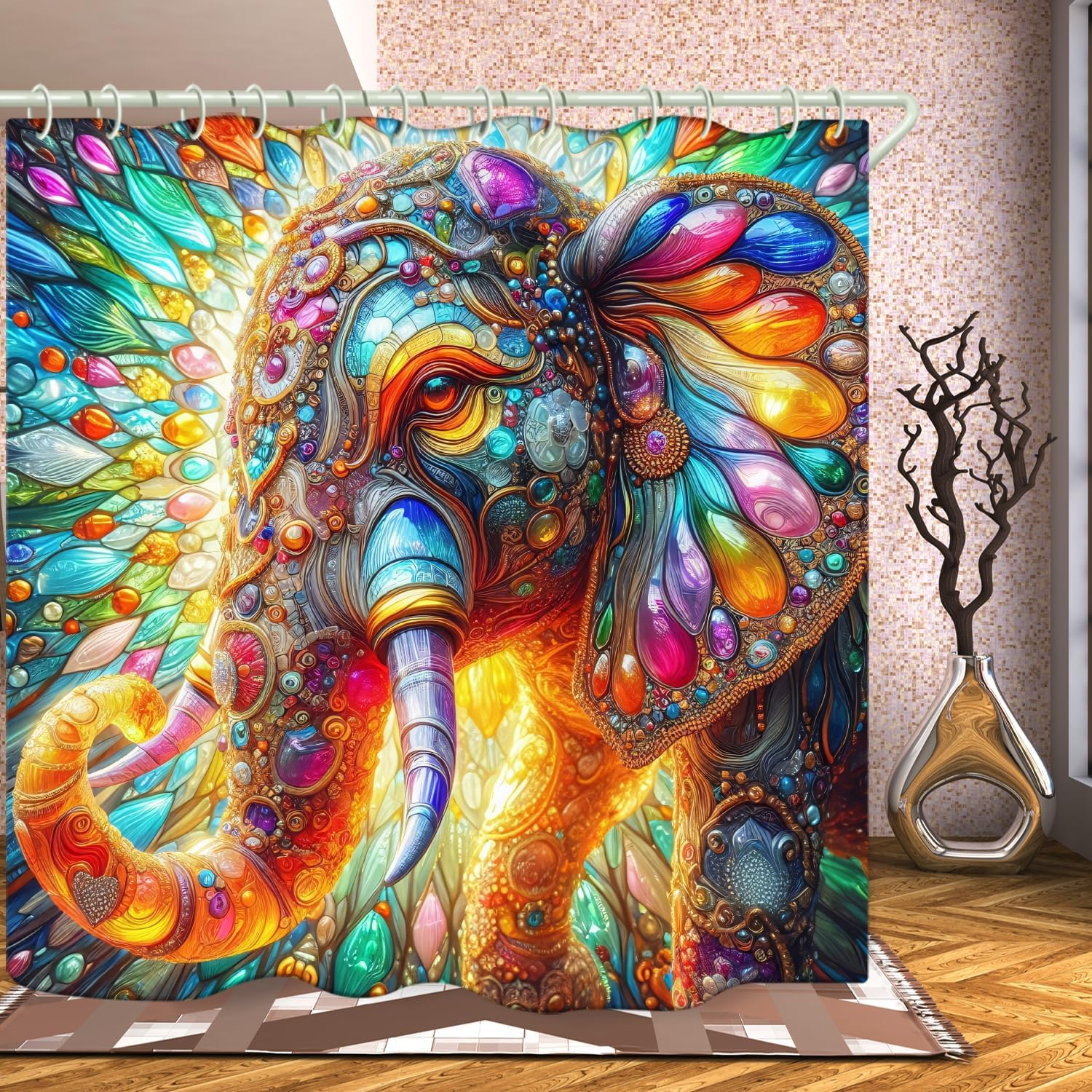 LYFANS Bathroom Jewel Elephant 3D Shower Curtains, Luxury Bathtub Standard Shower Curtain, Waterproof and Bright Fabric Shower Curtain, Size (72x72 Inches)