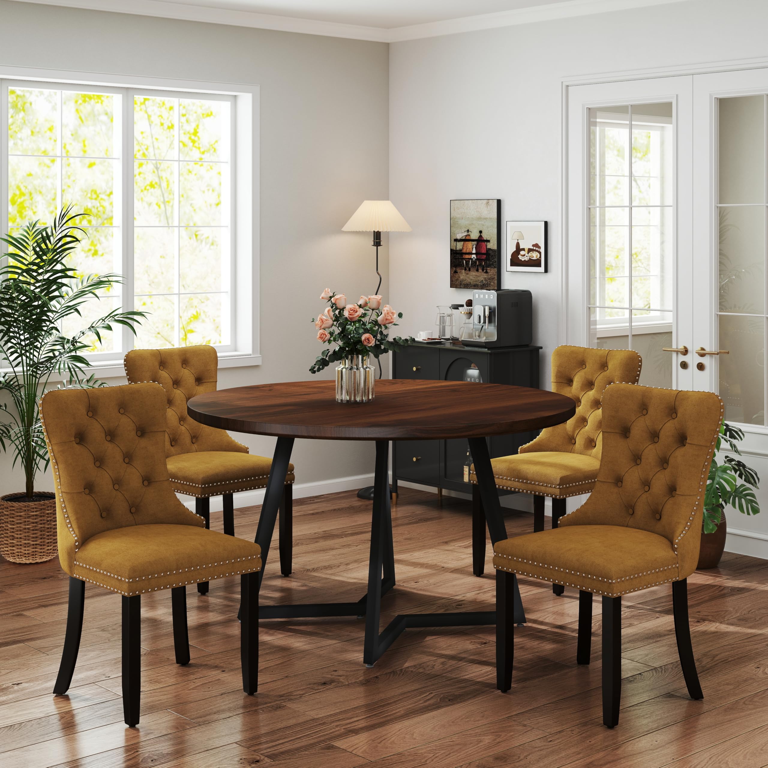 RGZ 5 Piece Mid Century Round Dining Table Set, Retro Rustic Farmhouse 47" Walnut Circle Kitchen Table & 4 Yellow Velvet High-end Tufted Chairs for