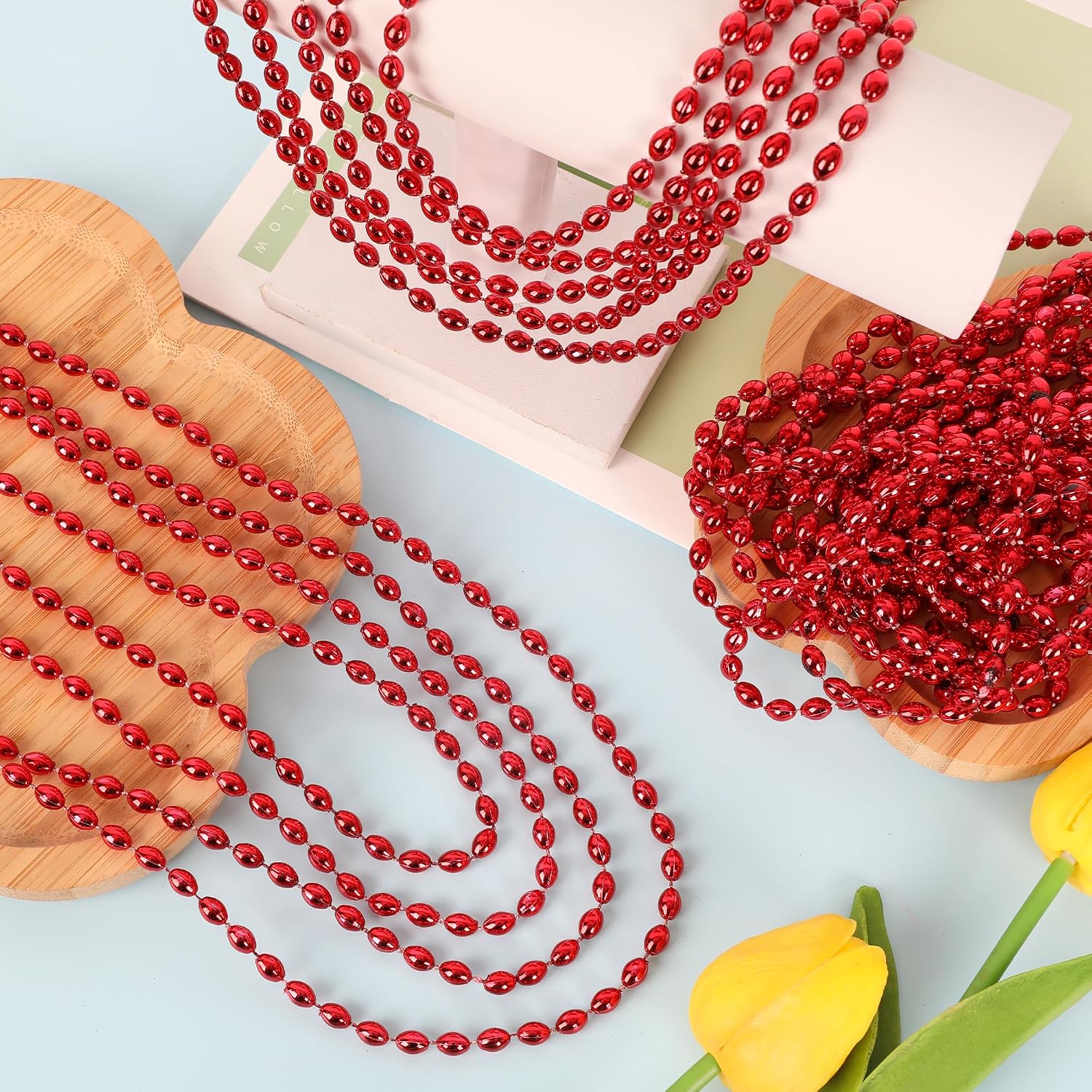 Red Necklace, 12PCS Oval Red Accessories Party Favors Bead Necklaces, 32" Mardi Gras Beads Necklaces for Festival Parade Throw Accessories Wedding Birthday Valentines Mardi Gras Xmas Decorations