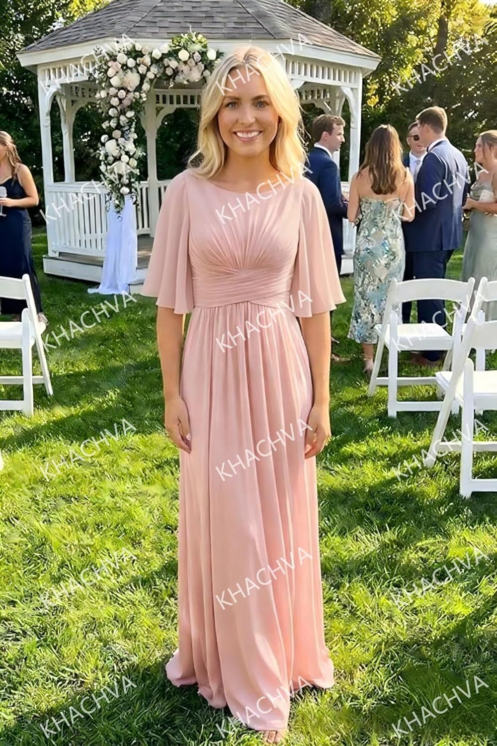 Flutter Sleeve Bridesmaid Dresses Long with Pocket 2026 Ruched A Line Formal Evening Dress KH044 - Image 8