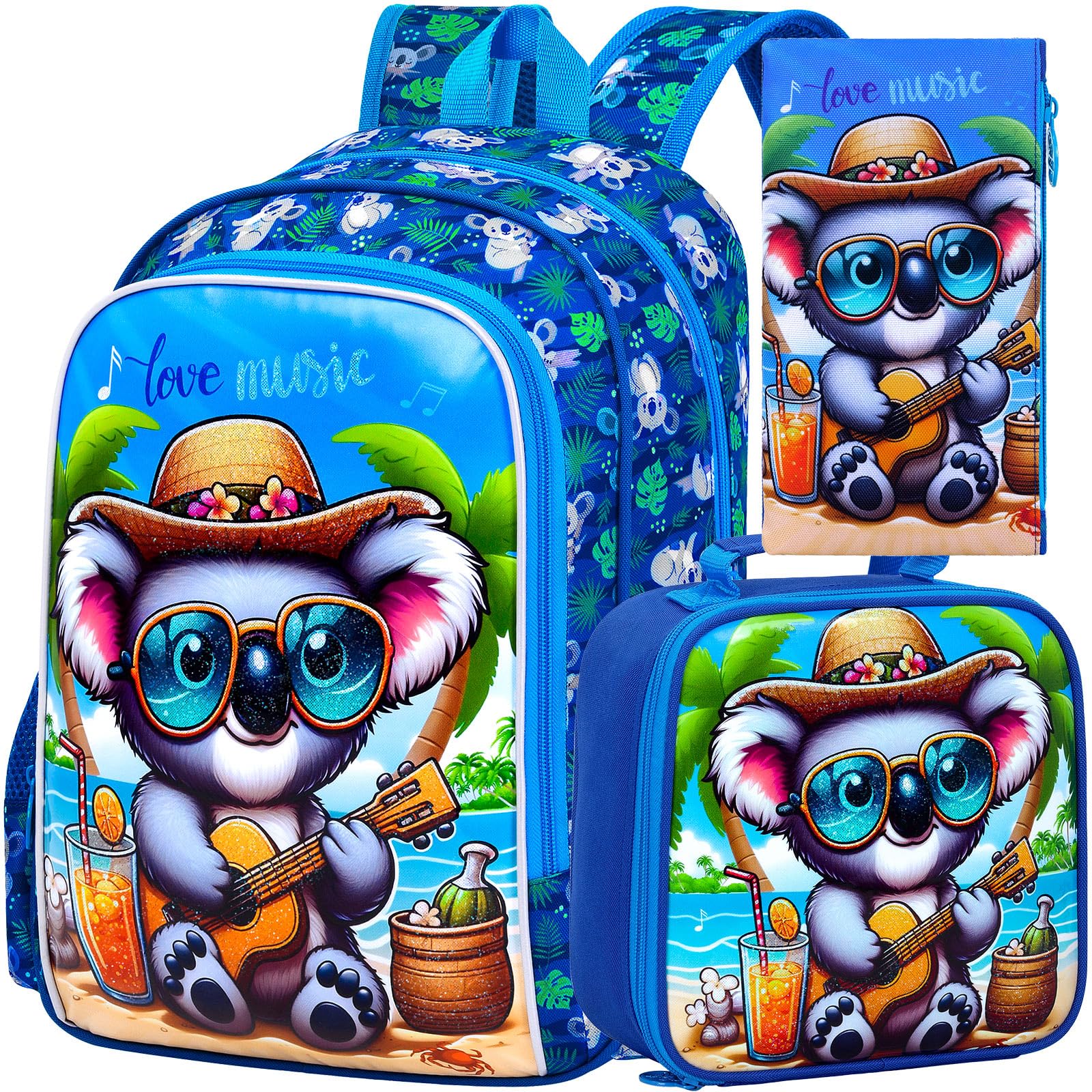 3Pcs Backpack for Boys, 16" Koala Kids Bookbag Set for Elementary Preschool Kindergarten, School Backpacks with Lunch Box(Blue)