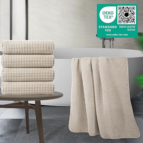 Miniatura 5 de POLYTE Toalla de baño de microfibra de secado rápido sin pelusas, 60 x 30 pulgadas, paquete de 4 (beige, tejido de gofre)