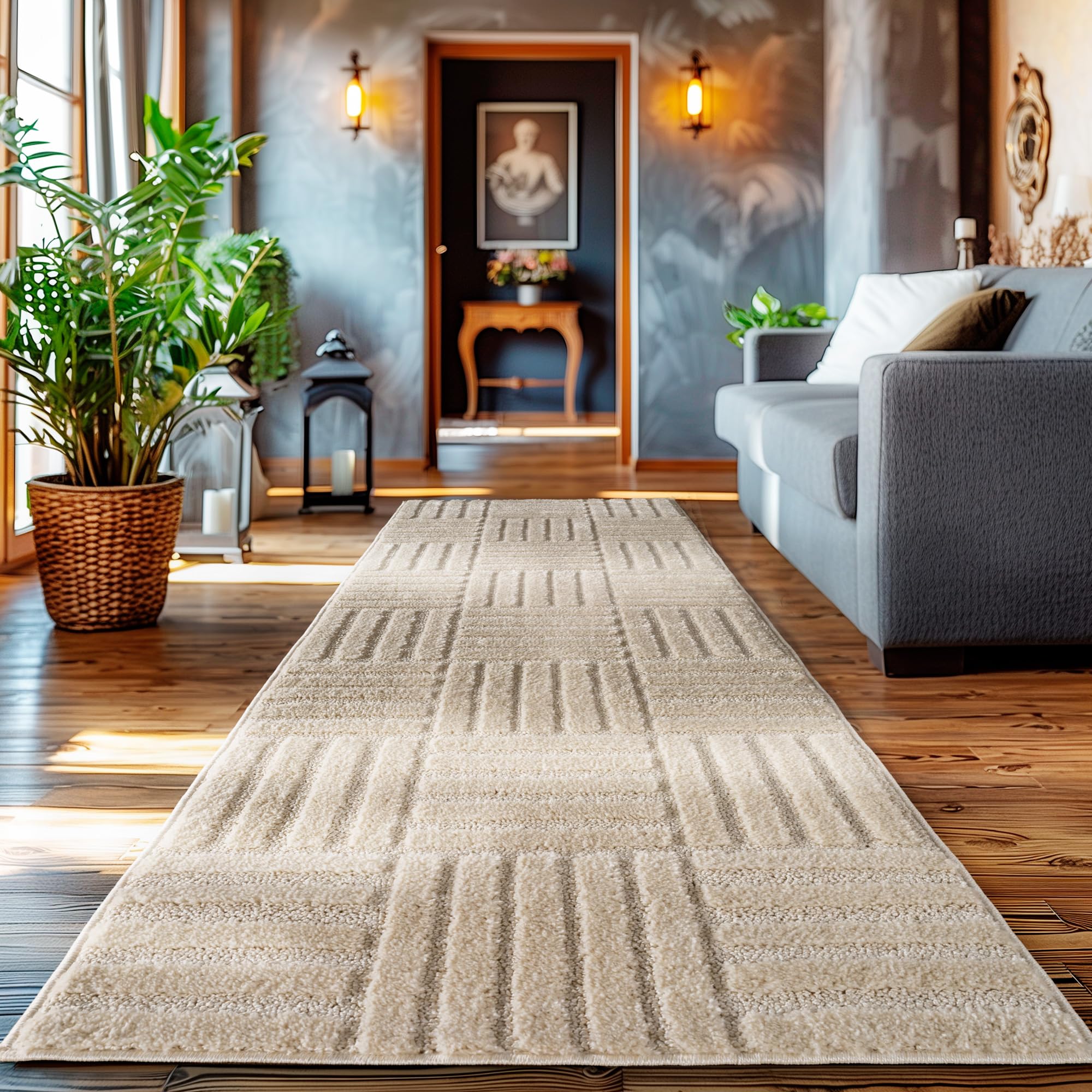 HomebyHome Wohnzimmer Teppich Hochflor Skandi Boho Design Hoch-Tief Effekt Weicher Shaggy Langflor Flauschig Pflegeleicht Modern für beistelltisch