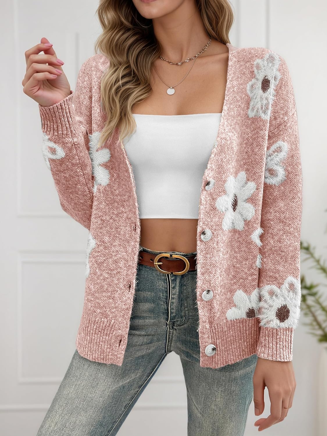 Women's Cardigans Casual Long Sleeve V-Neck Button Down Floral Sweaters Open Front Knit Outerwear - Image 2