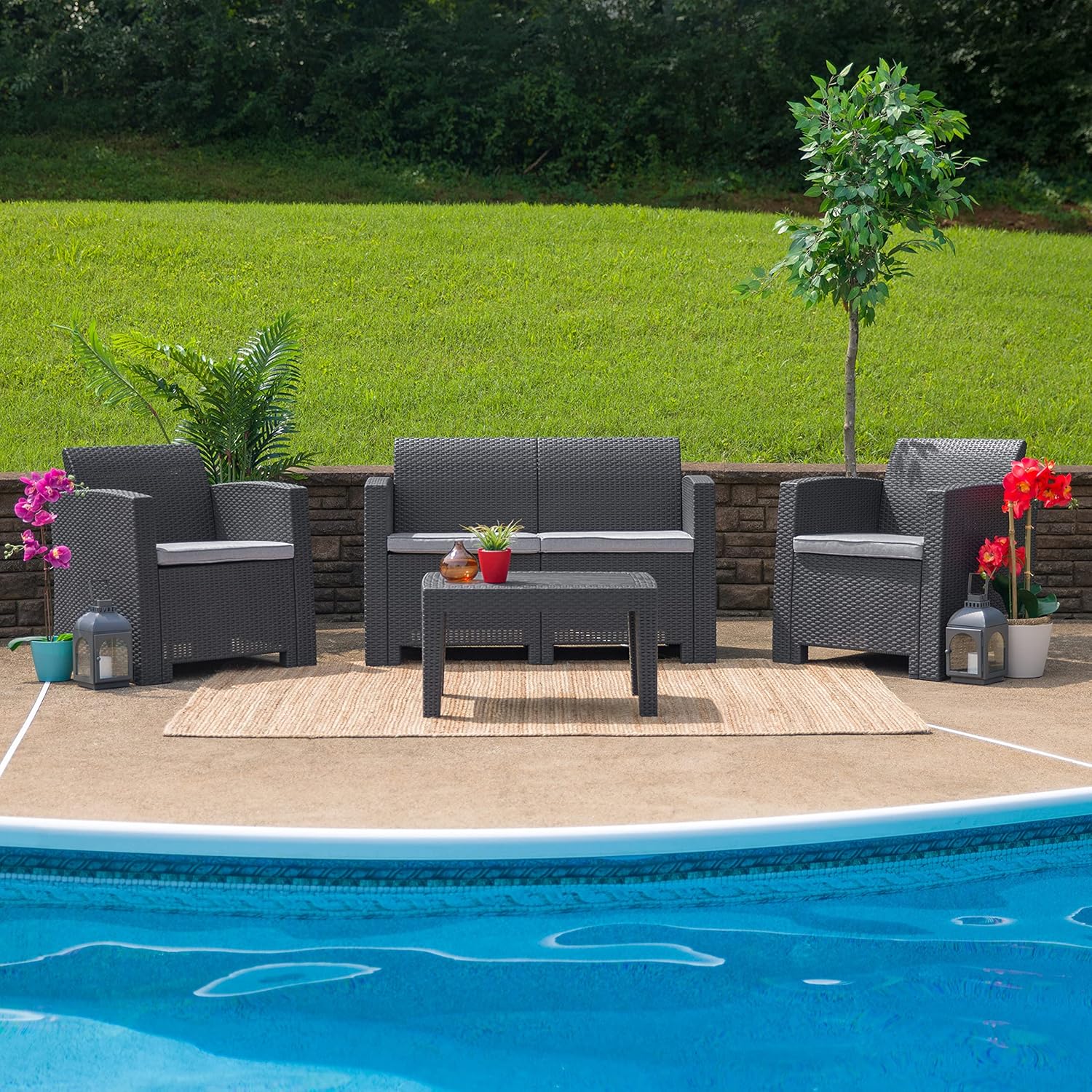 Flash Furniture Seneca Light Gray Faux Rattan Loveseat with All-Weather Light Grey Cushions