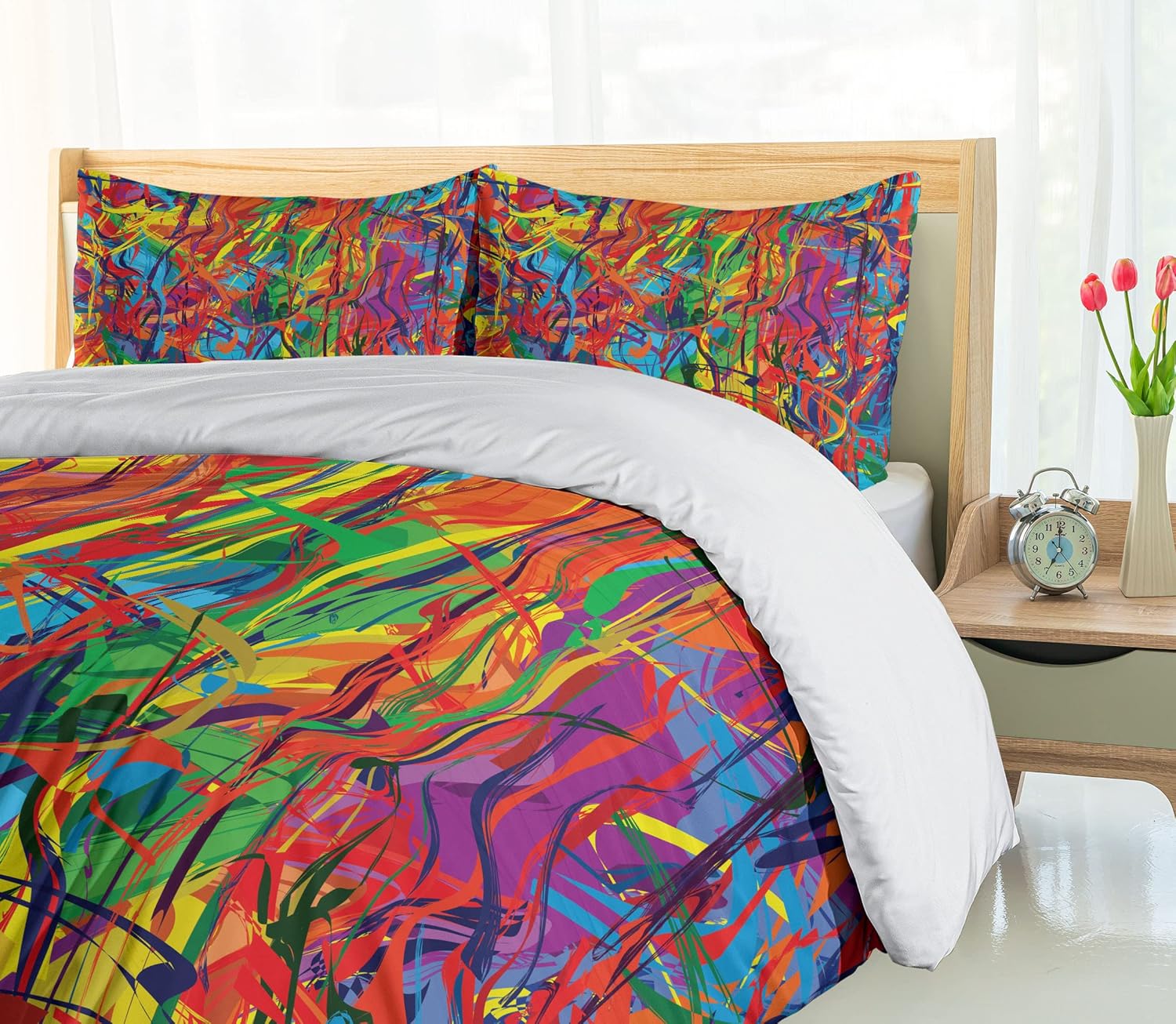 Ambesonne Modern Duvet Cover Set, Circled Rainbow Like Colorful Lines Like Contemporary Oil Painting Style Art, Decorative 3 Piece Bedding Set with 2 Pillow Shams, Queen Size, Orange Red Queen Orange Red