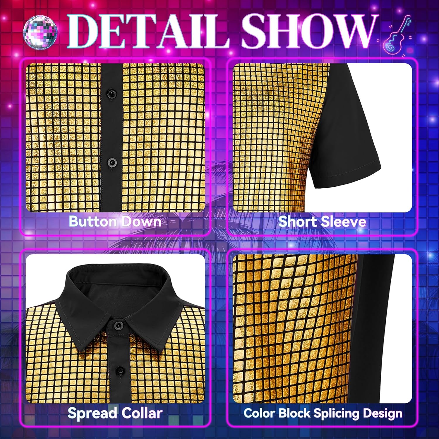 Zando Men's Sequin 70s 80s Disco Shirt - Retro Short Sleeve Button Up Costume Halloween New Year Party Outfit Top & Clubwear - Image 5