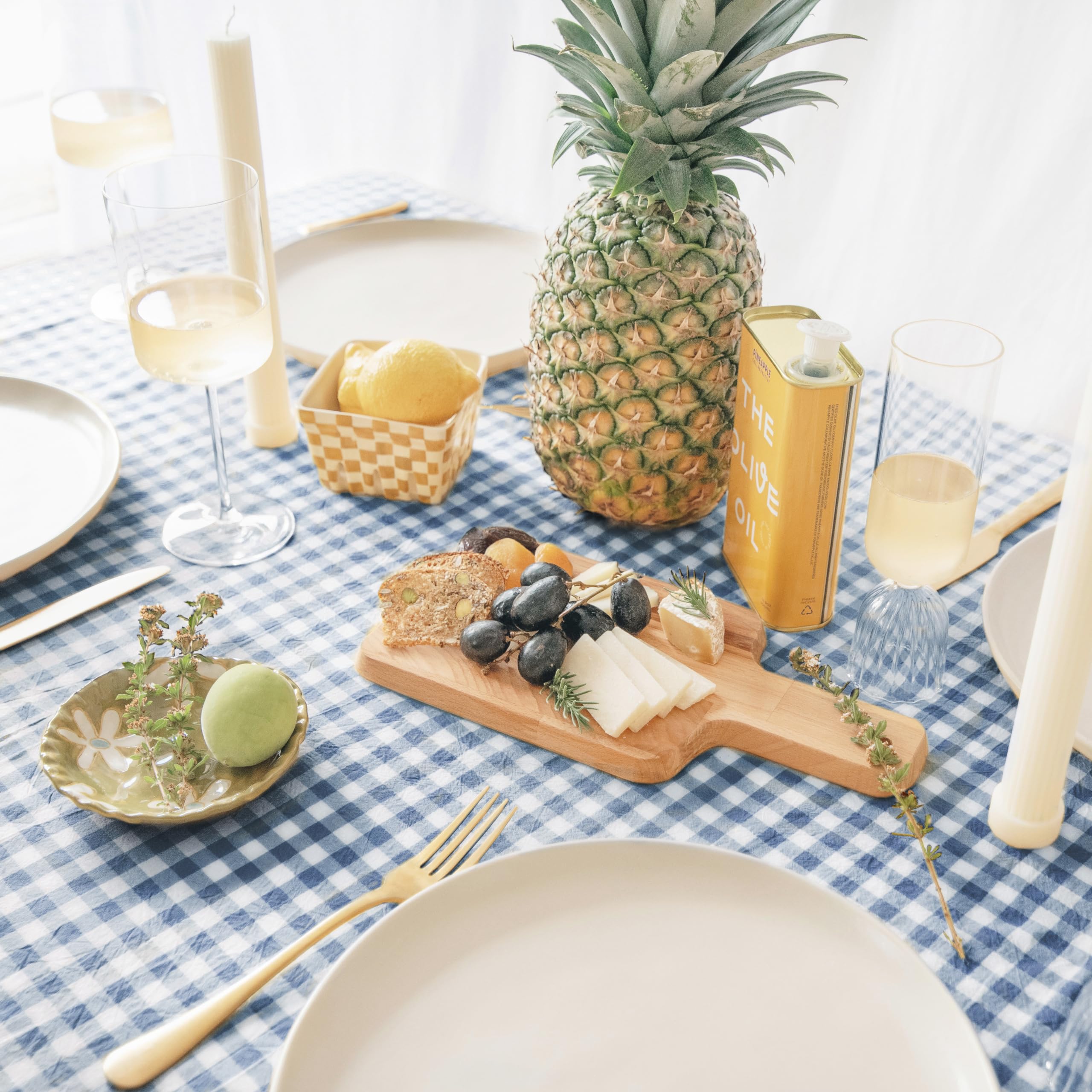 MONDAY MOOSE Gingham Checkered Farmhouse Rustic Picnic Style Decoration Rectangle Natural Stonewashed Cotton Tablecloth for Kitchen, Dining Room, Restaurant (55x70 inch, Blue/White) - 5