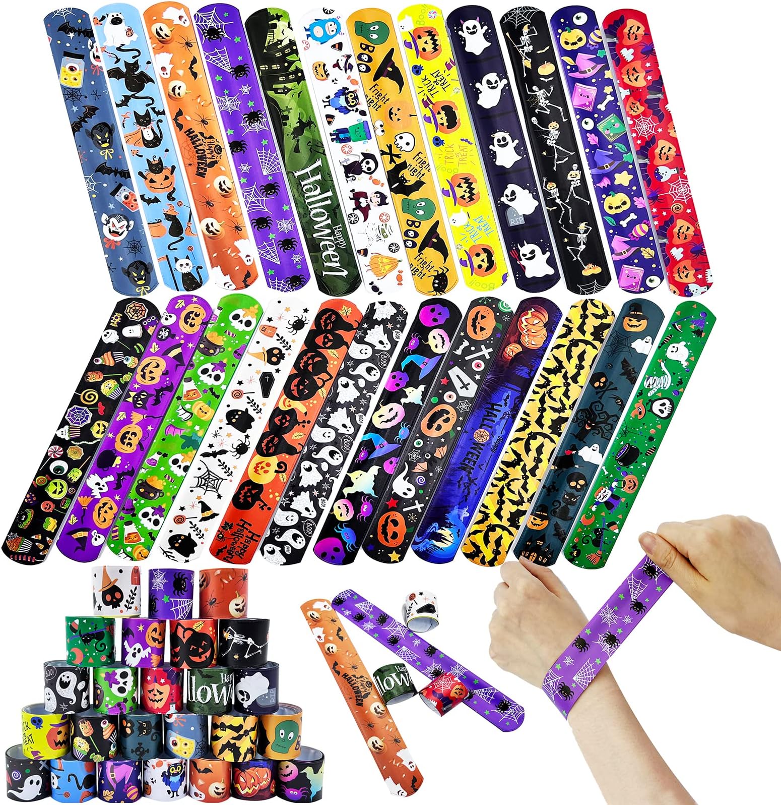 Slap Bracelets Wristband Slap Band for Kids - 24P Halloween Toy Snap Bracelet Bands Bulk for Boys & Girls Party Favors