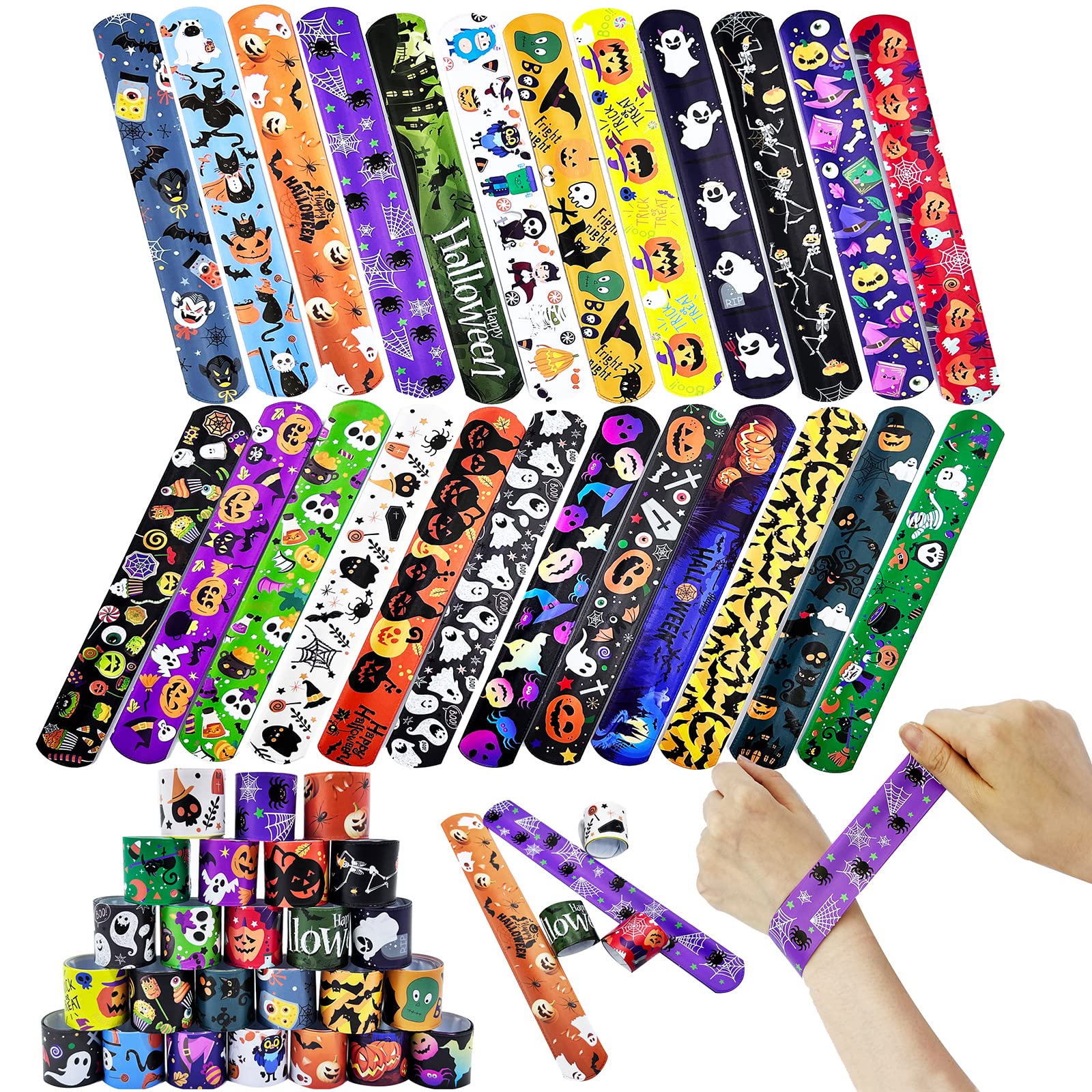 Halloween Slap Bracelets Wristband Slap Band for Kids Halloween Party Bag Fillers,24P Halloween Toy Snap Bracelet Bands Bulk for Boys Girls Halloween Party Favors Classroom Prizes Trick or Treat Gifts