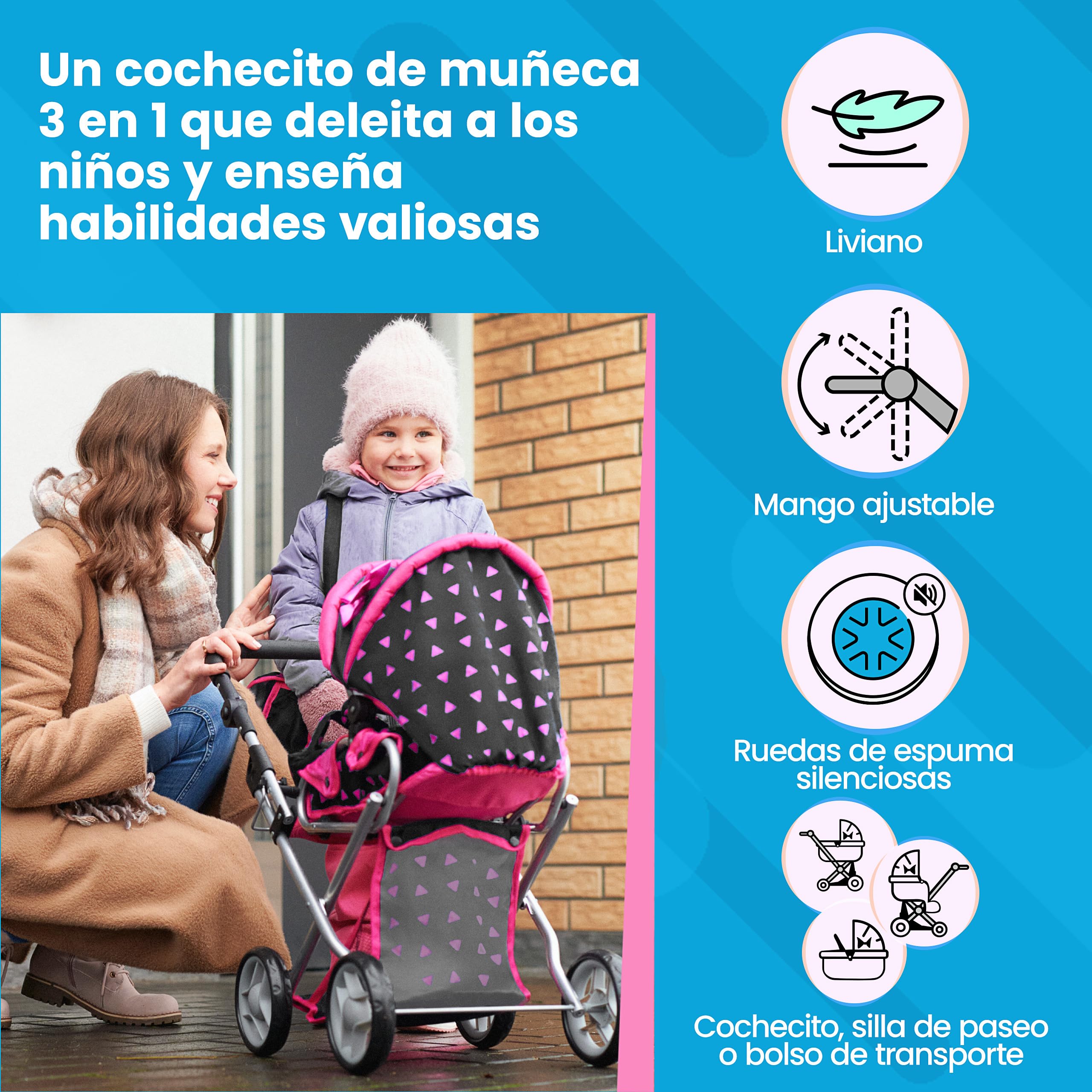 Kinderplay Carrito Bebe Juguetes, Cochecito para Muñecas - Cochecito de Muñecas, Gondola, Permite Ajustar El Mango En Un Rango de 36.5 cm a 64 cm, KP0200R