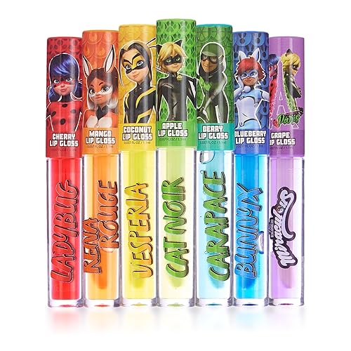 Miraculous Zag Heroez Lipgloss Collection - Juego de 7 brillos labiales con emocionantes sabores de frutas y aplicador de precisión tubos de brillo