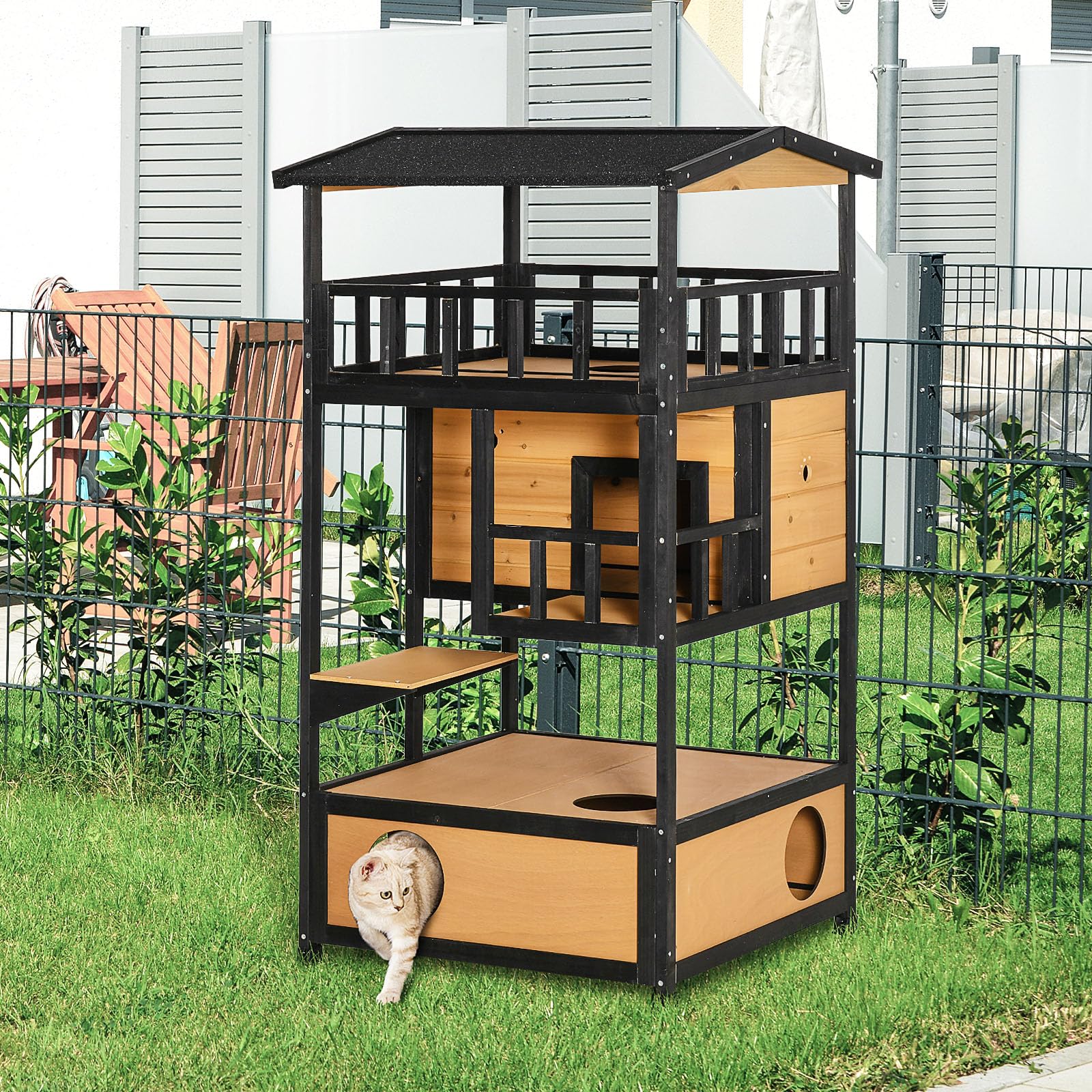 GOWE Wooden Outdoor Cat House, Feral Cat Shelter Kitten Tree with Asphalt Roof, Escape Doors, Condo, Jumping Platform, Yellow