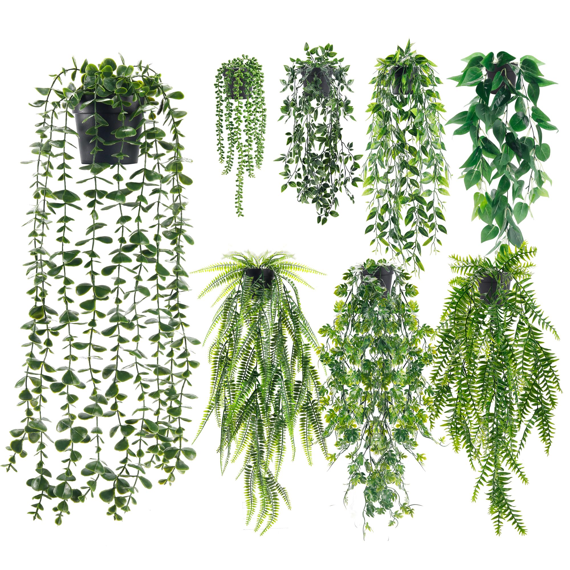 Der Rose 8 Packs Fake Hanging Faux Plants Artificial Plants Indoor in Black Pots for Bedroom Kitchen Living Room Farmhouse Decor