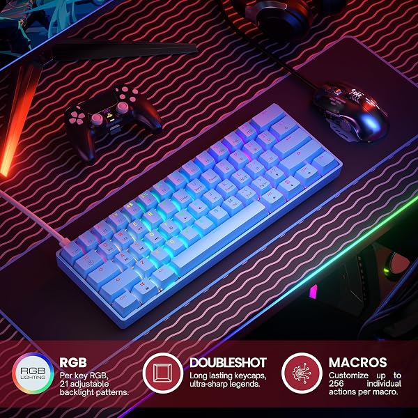 GK61 Mechanical Gaming Keyboard - 61 Keys Multi Color RGB Illuminated LED Backlit Wired Programmable for PC/Mac Gamer (Gateron Optical Yellow, Blue) - 3